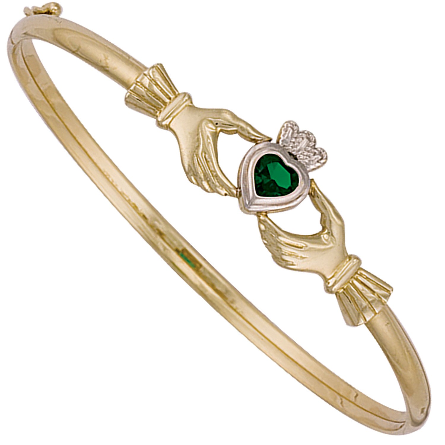 Yellow Gold Green Stone Set Claddagh Bangle Copy
