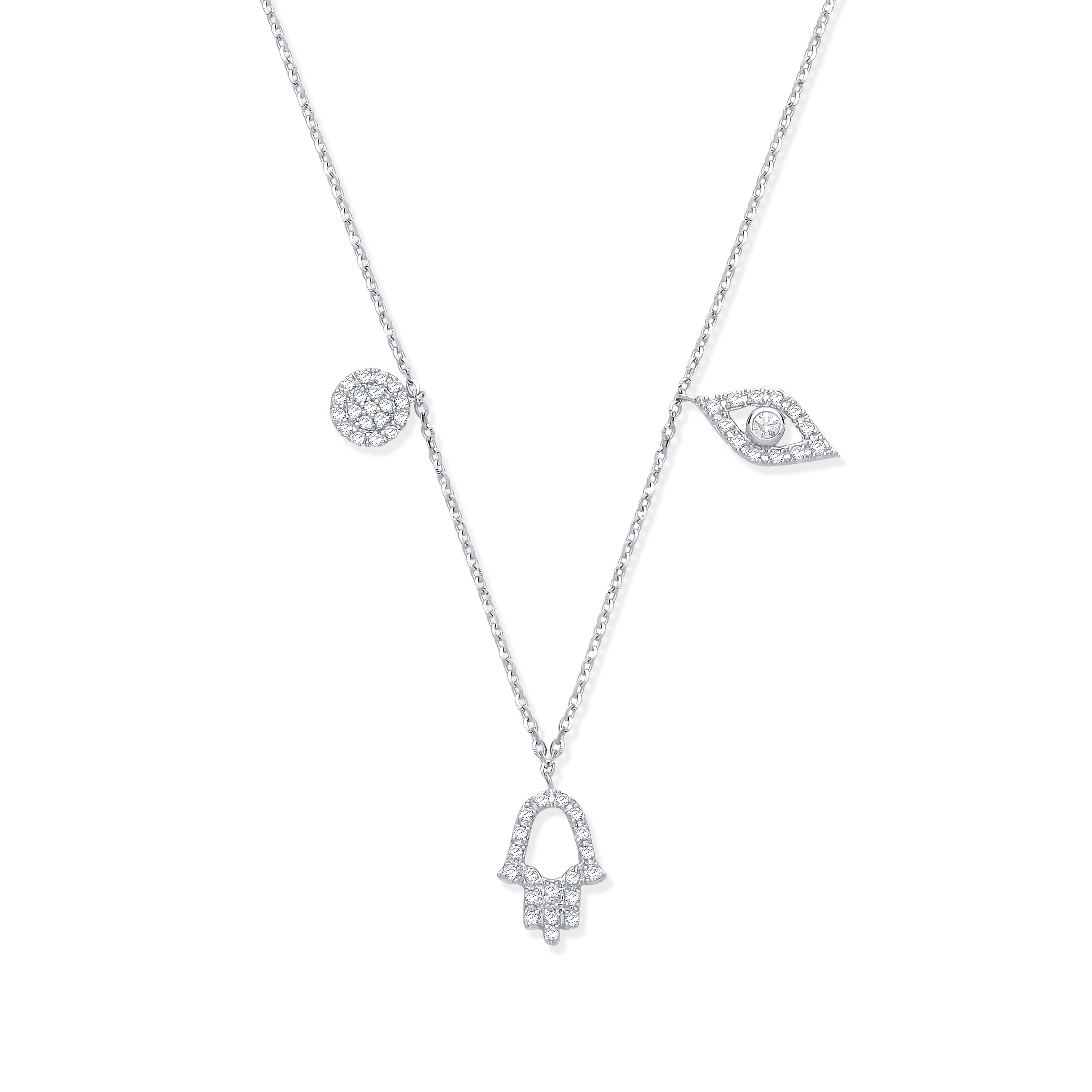 9ct White Gold 0.22ctw Evil Eye, Hamsa & Circle Pendant (18in/45cm) Chain