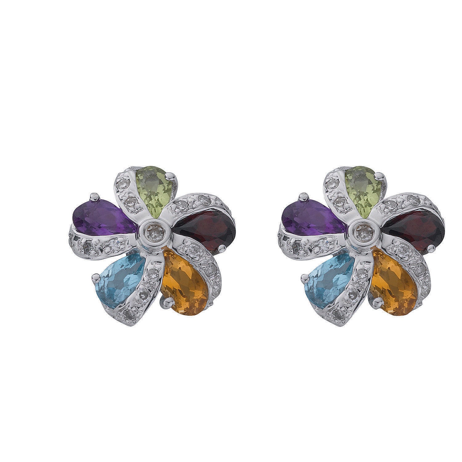 9ct White Gold 0.12ct Diamond & Multi Colour Gems Flower/Cluster Earrings
