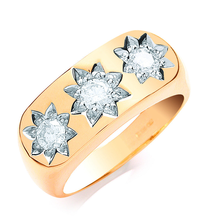 9ct Yellow Gold 1.00ct Gents 3 Stone Diamond Ring