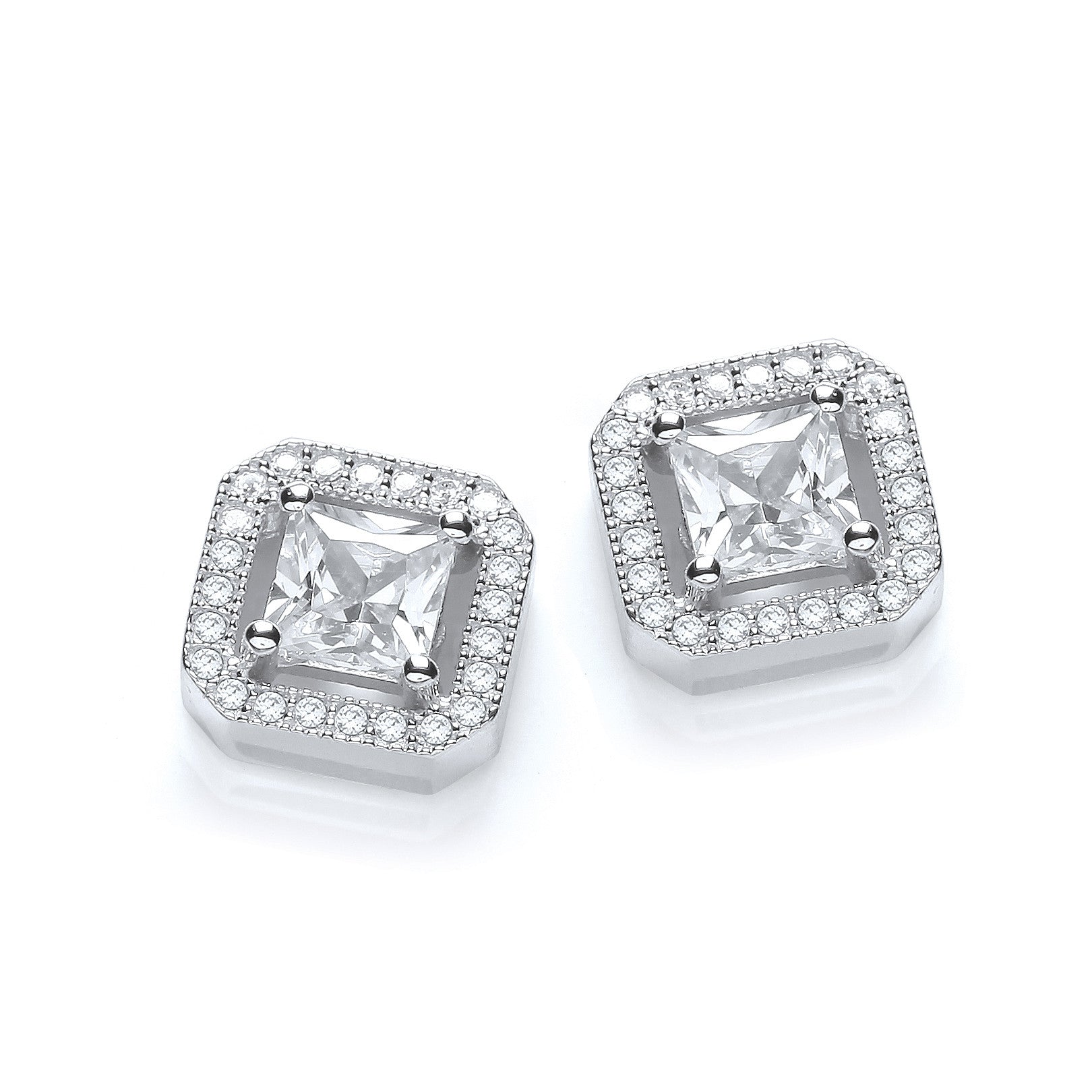 925 Sterling Silver Micro Pave' Princess Cut Cz Stud Earrings J-Jaz