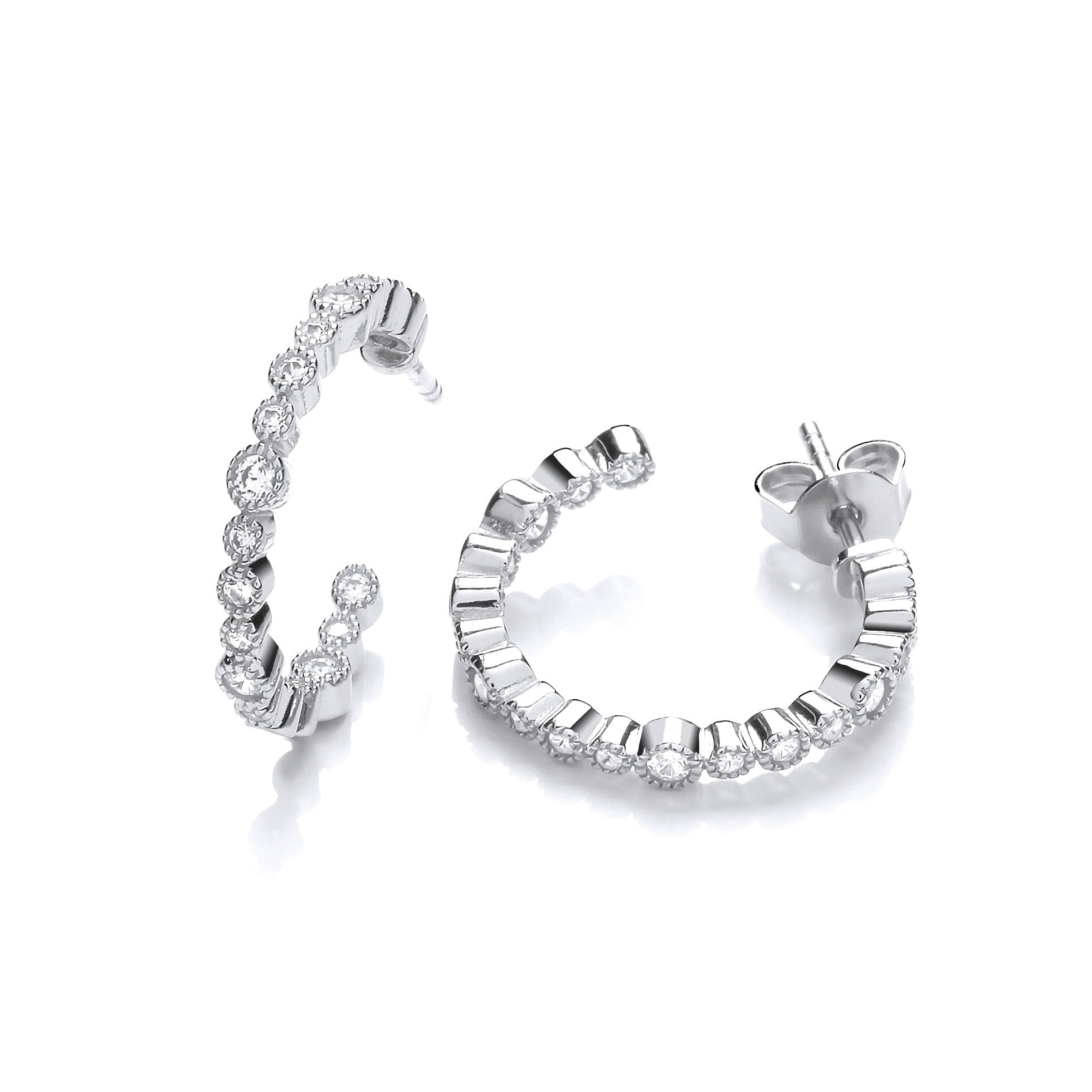 925 Sterling Silver Mill Grain Edge Rubover set CZs Hoop Earrings