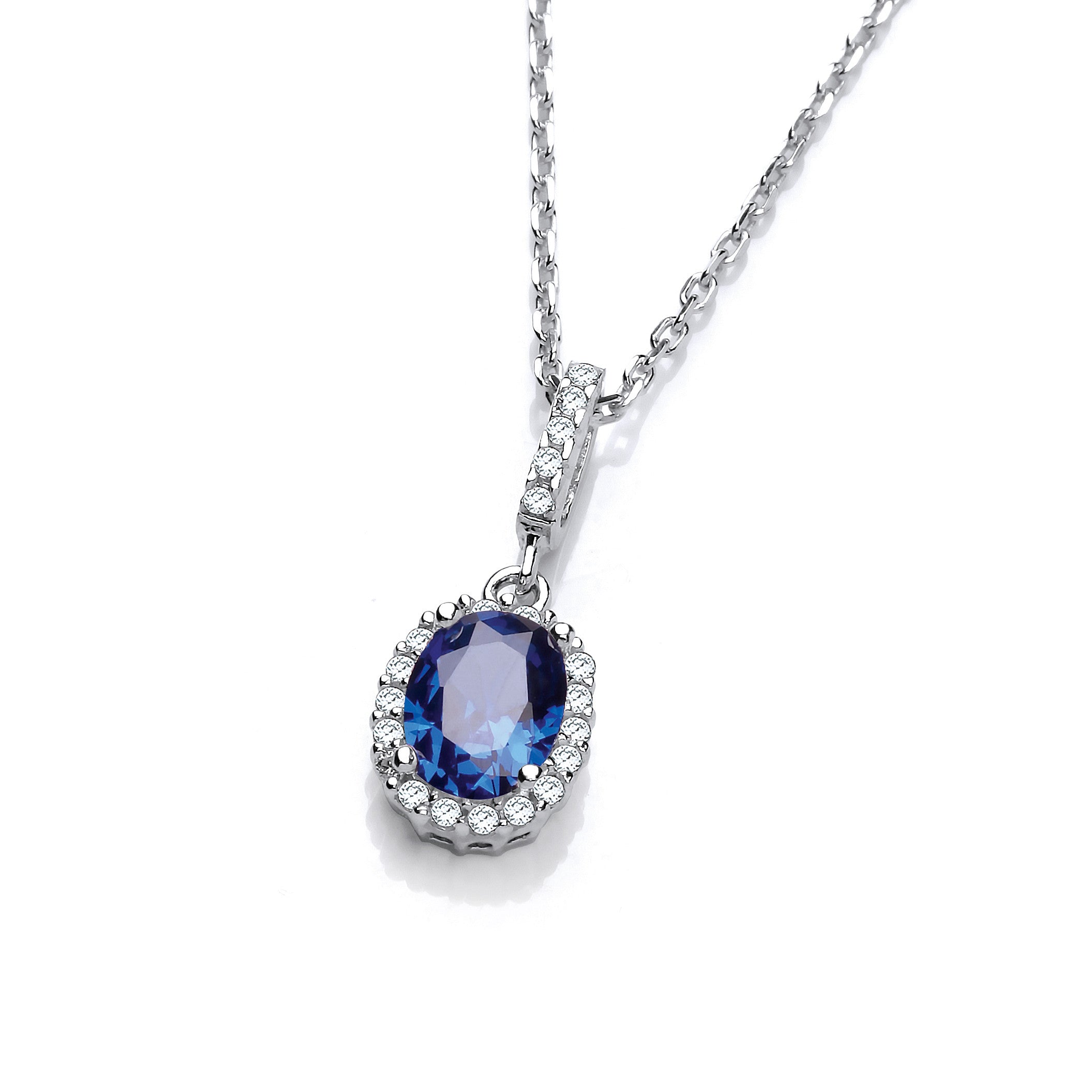925 Sterling Silver Oval Blue CZ Drop Pendant with 18"