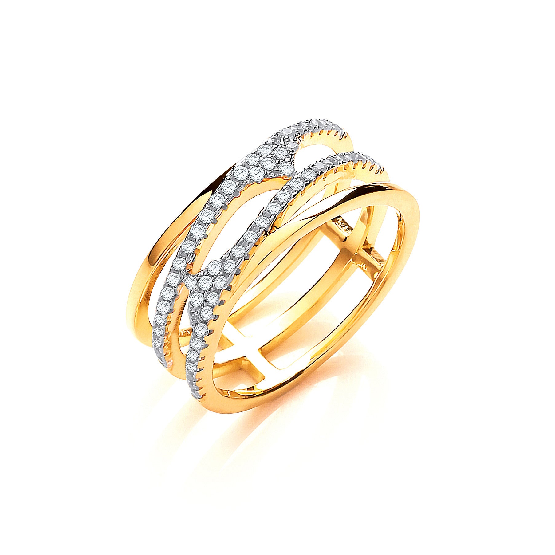 Yellow Gold Coated Silver Three Row Micro Pavé CZ Ring