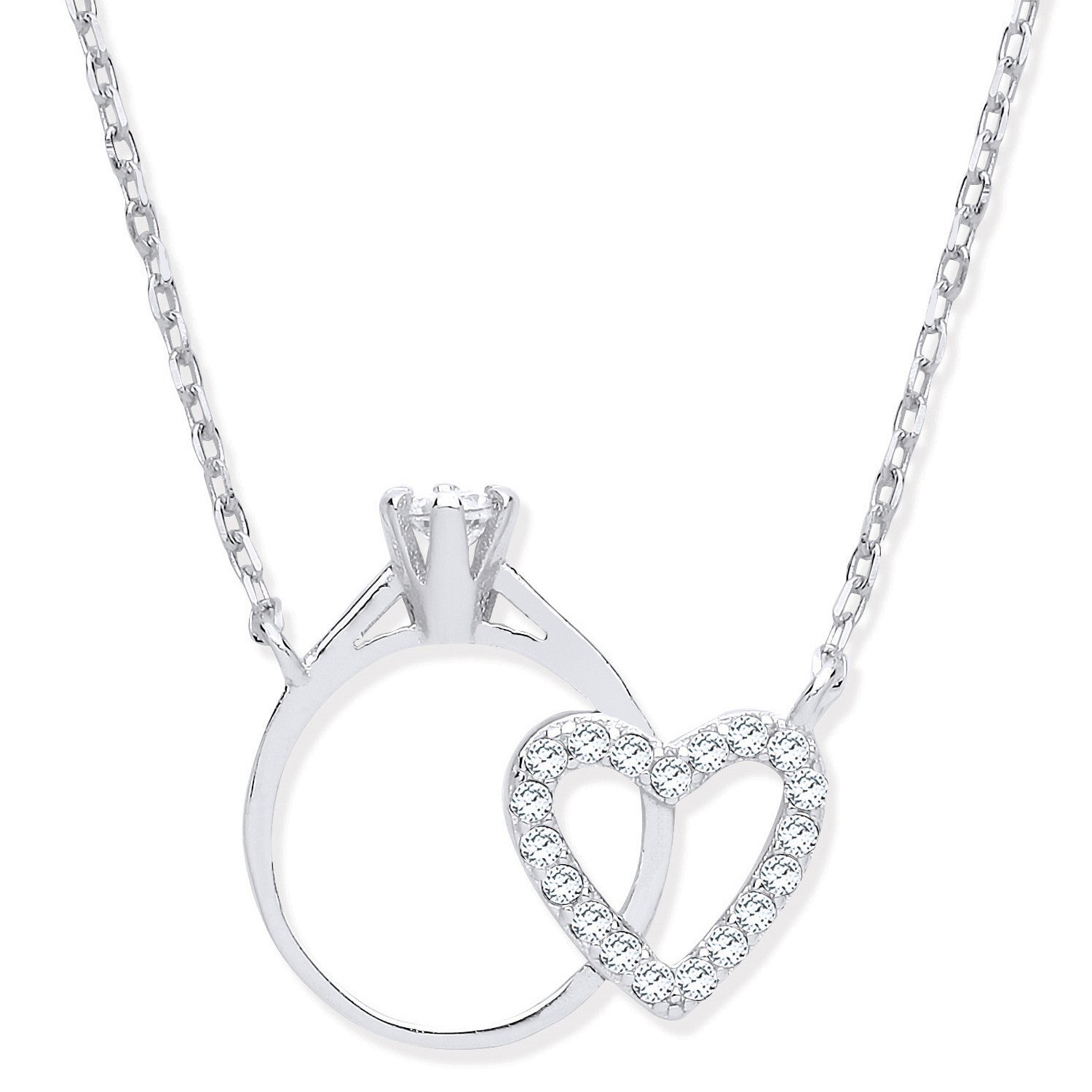 Silver Chain with Little Cubic Zirconia Engagement Ring & Heart