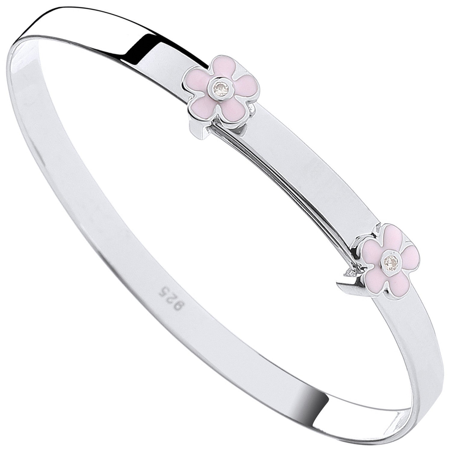 925 Silver Pink Enamel & Cubic Zirconia Flowers Expandable Baby Bangle