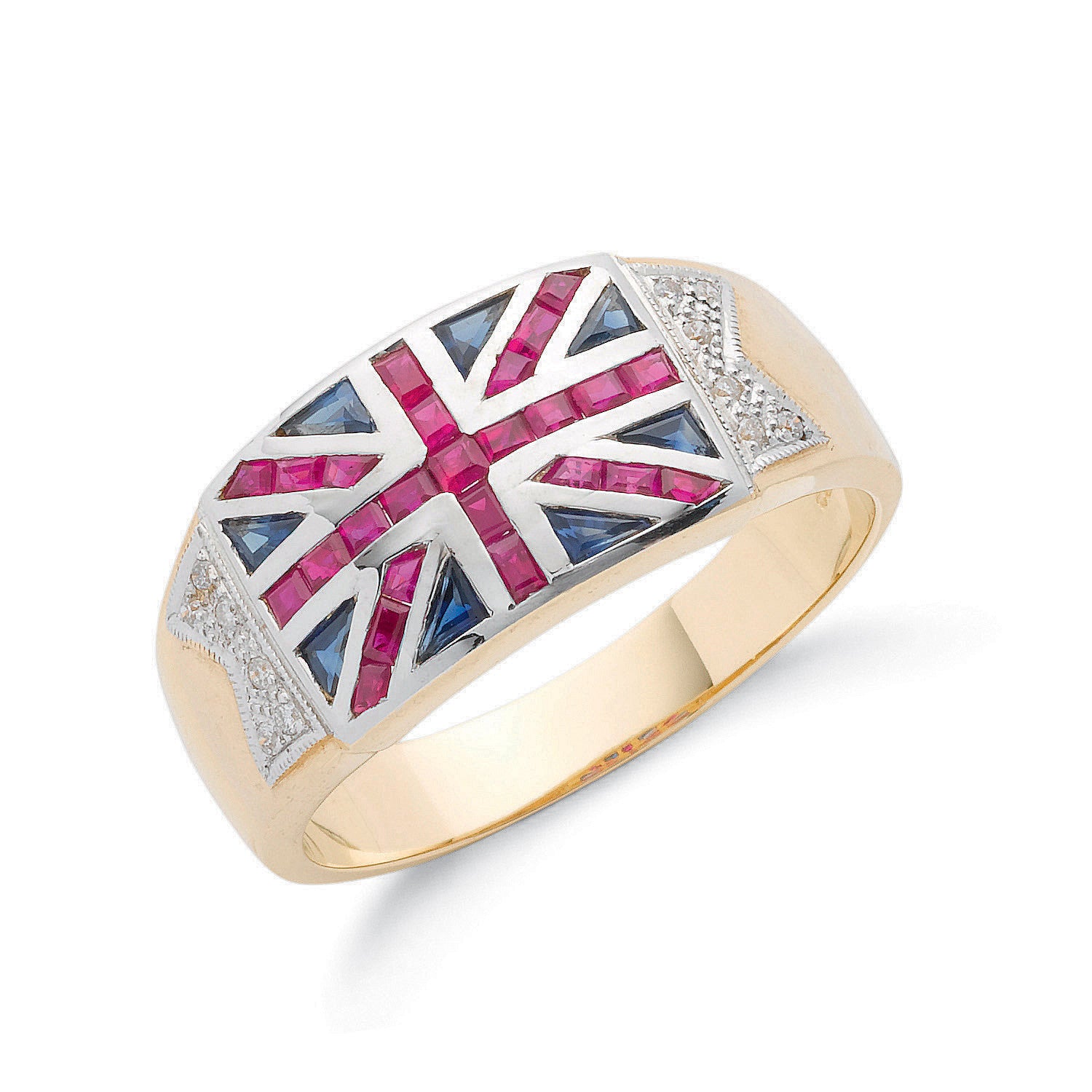 9ct Yellow Gold Diamond, Blue Sapphire & Ruby Union Jack Ring