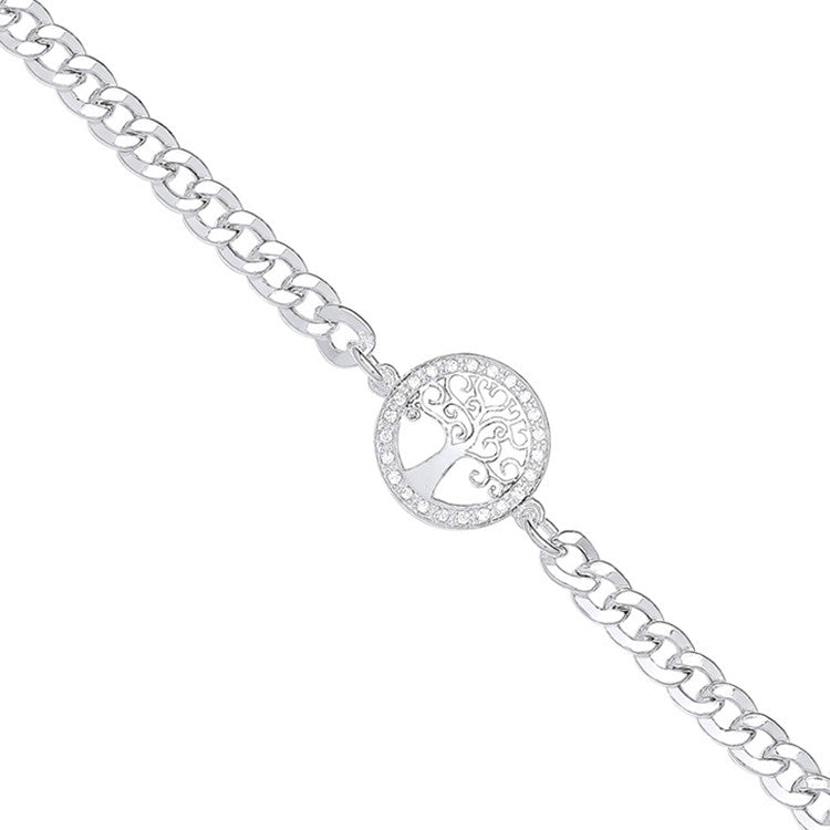 925 Silver Flat Curb Chain, Cubic Zirconia Tree of Life Bracelet