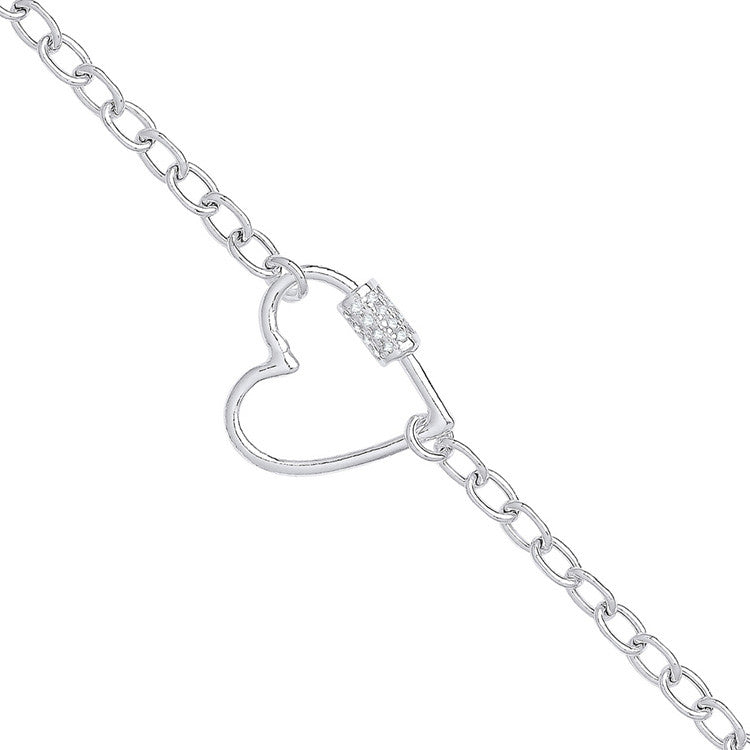 925 Silver Oval Link Chain, Heart Cubic Zirconia Charm Bracelet