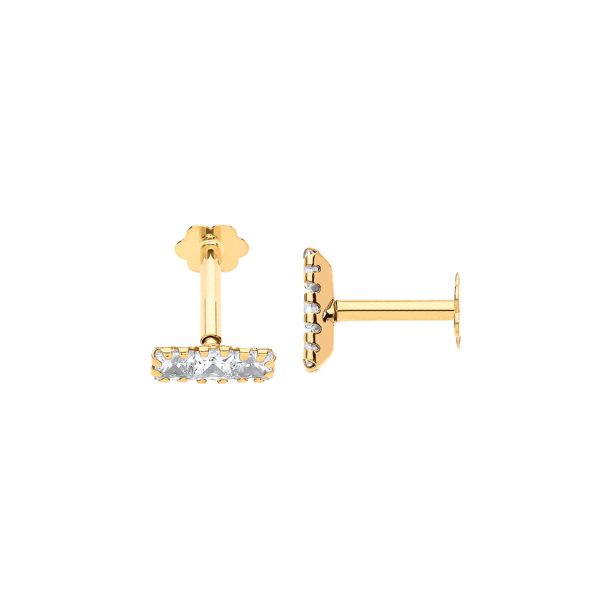 Yellow Gold Princess Cut Trilogy CZ Ear Cartilage Stud