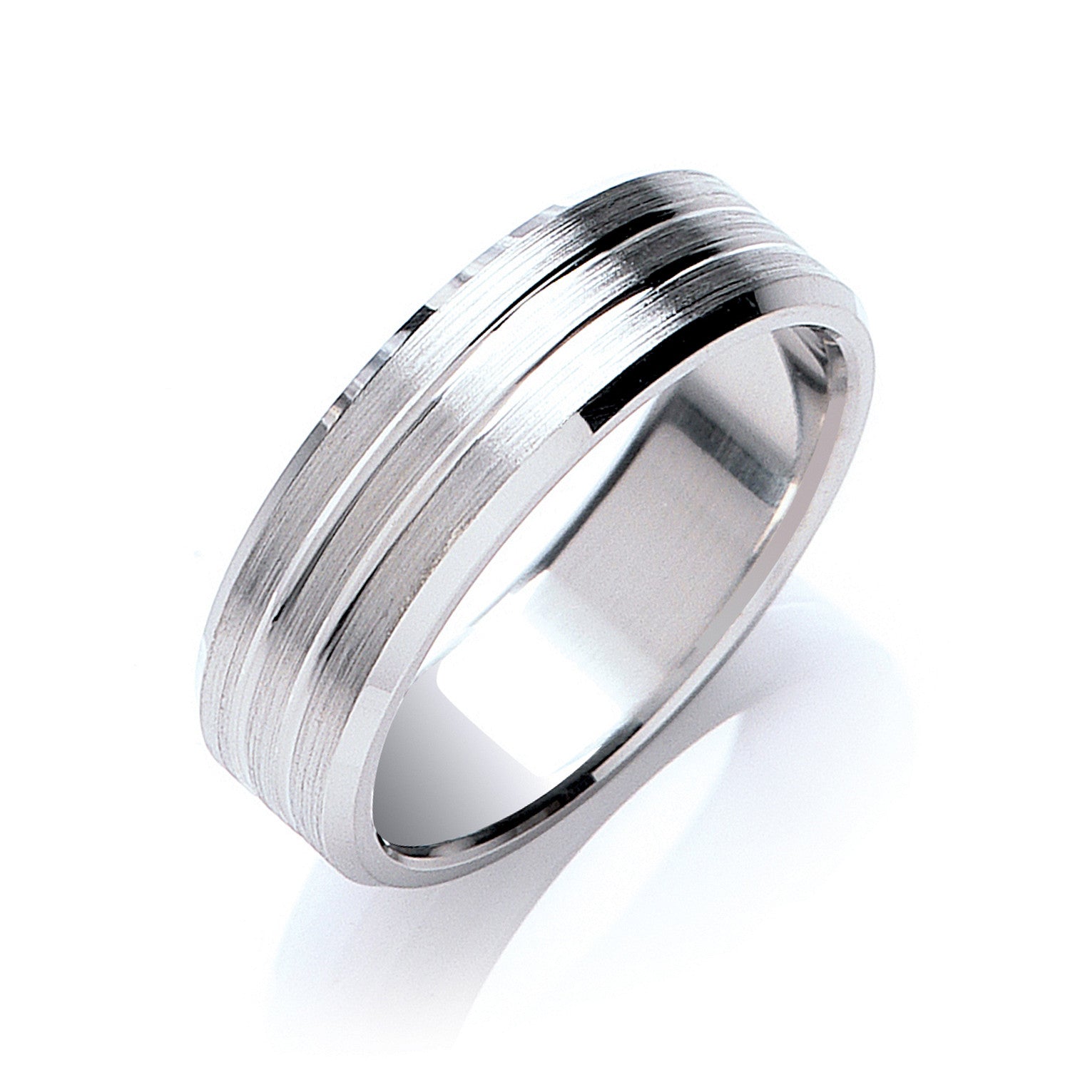 7mm Flat Court Bevelled Edge Matt & Grooves  Wedding Band