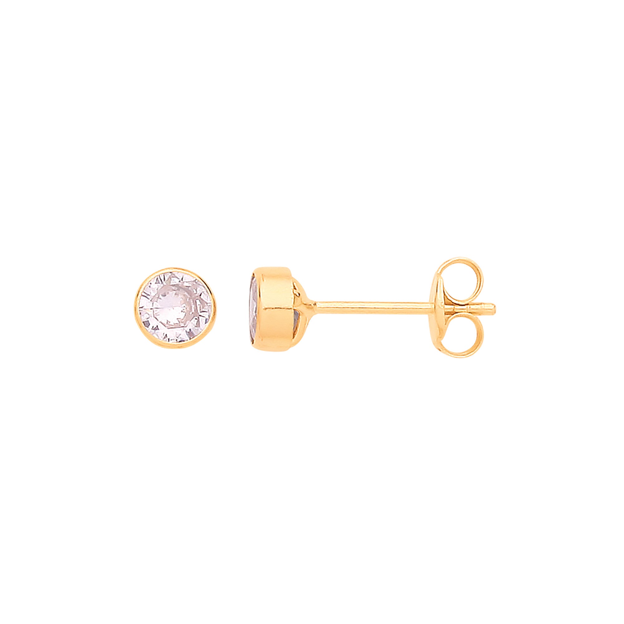 9ct Yellow Gold 4mm Rubover Set Clear CZ Stud Earrings