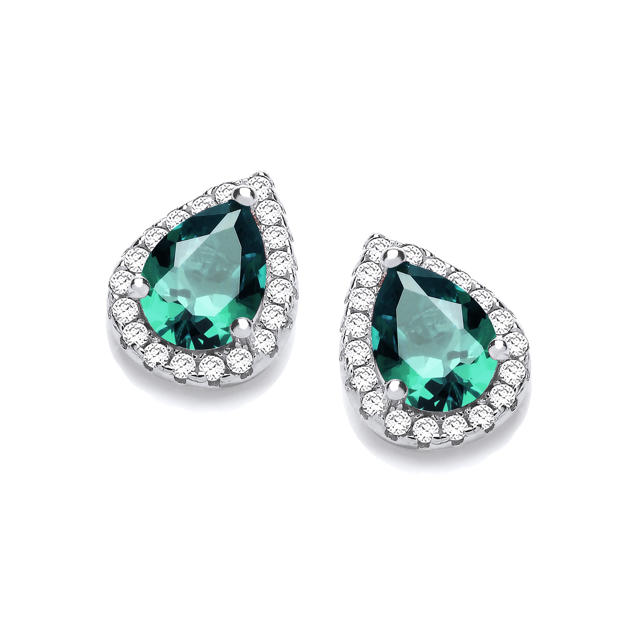 925 Sterling Silver Teardrop Emerald Green Cz Stud Earrings