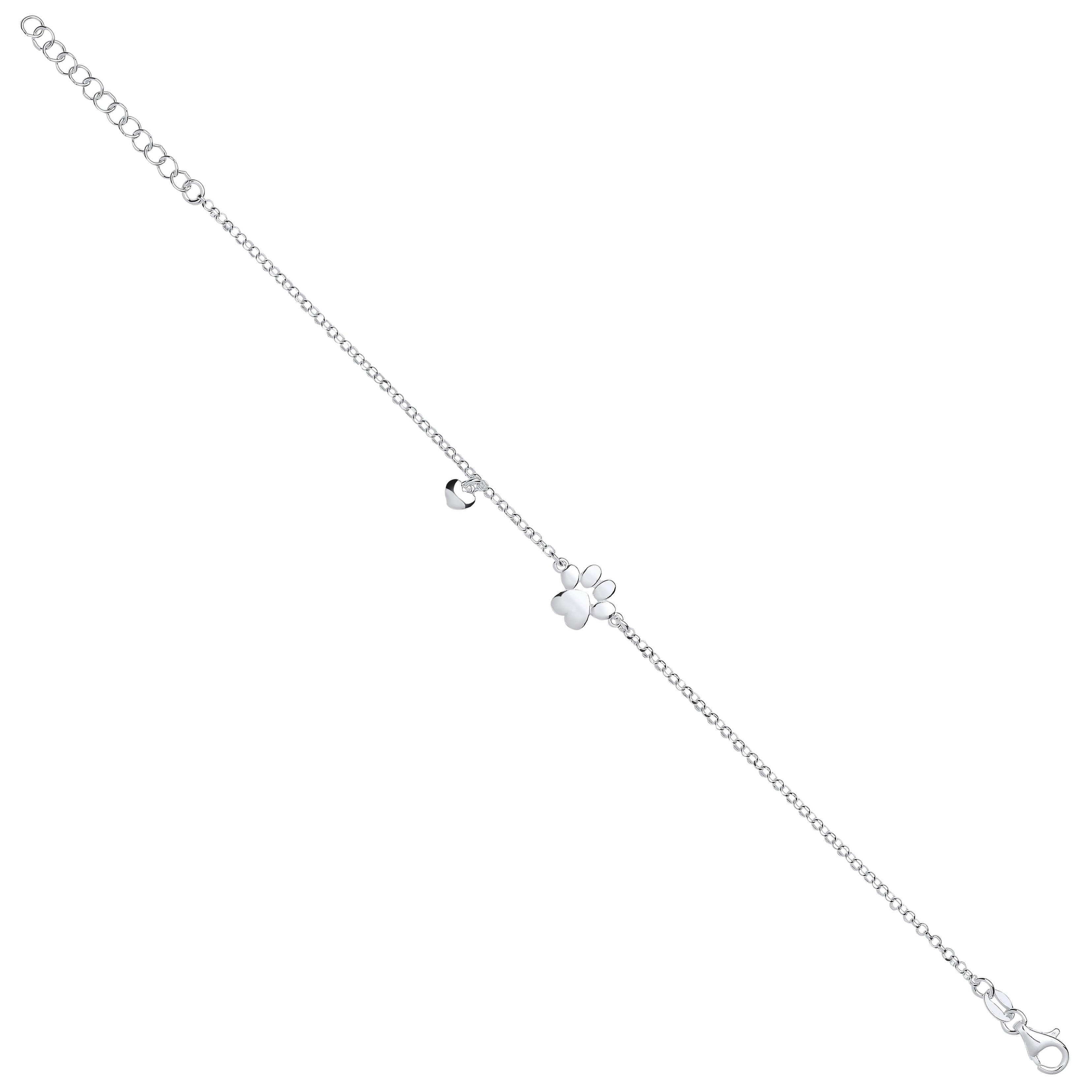 Silver Dog/Cat Paw & Heart Bracelet
