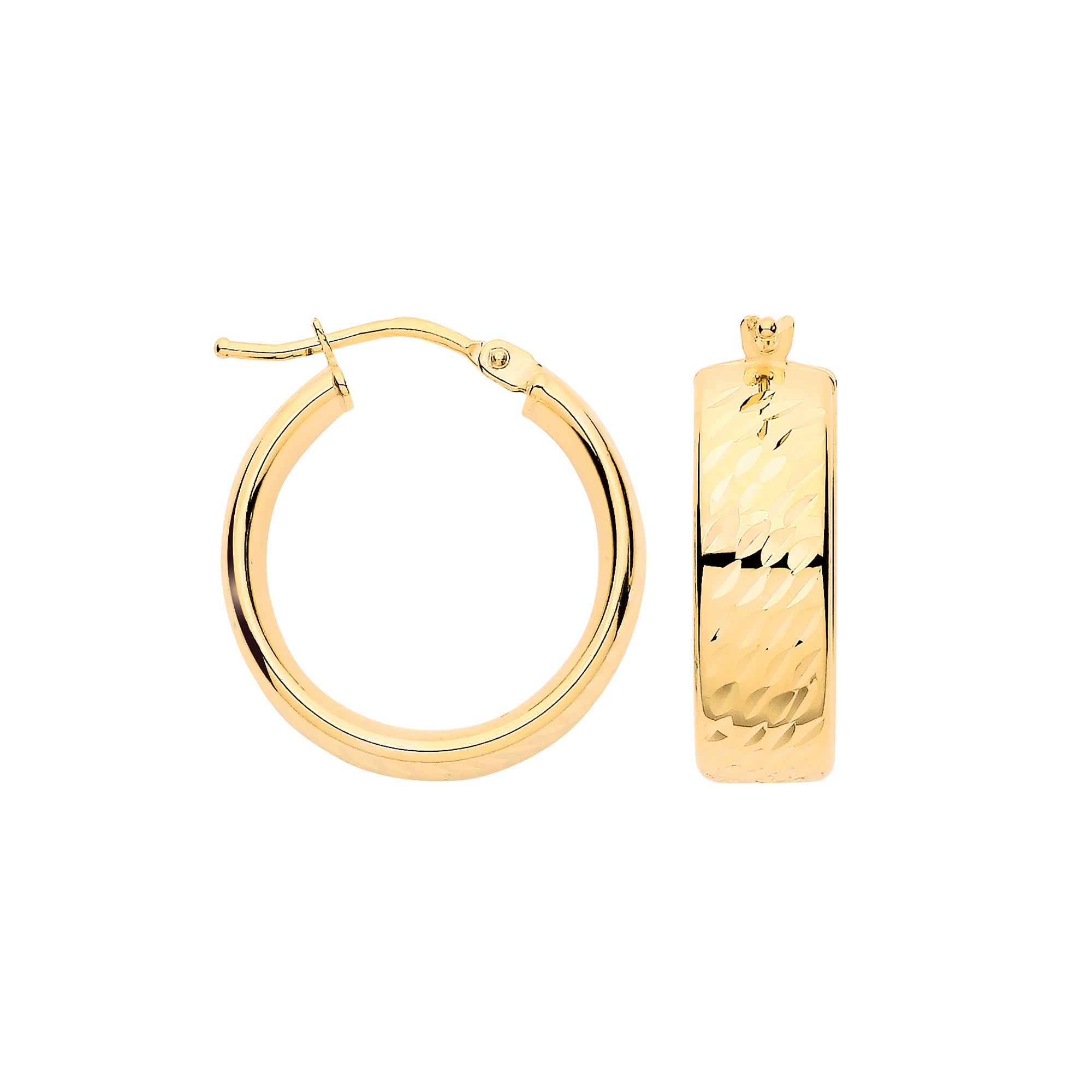 Yellow Gold Diamond Cut Wide Hoop Earrings | 15mm
