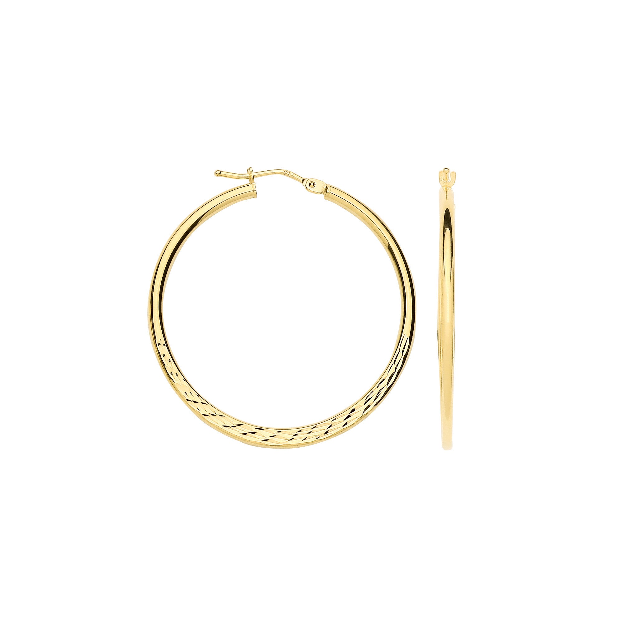 Yellow Gold 30mm Half Diamond Cut & Half Plain Hoop Earrings