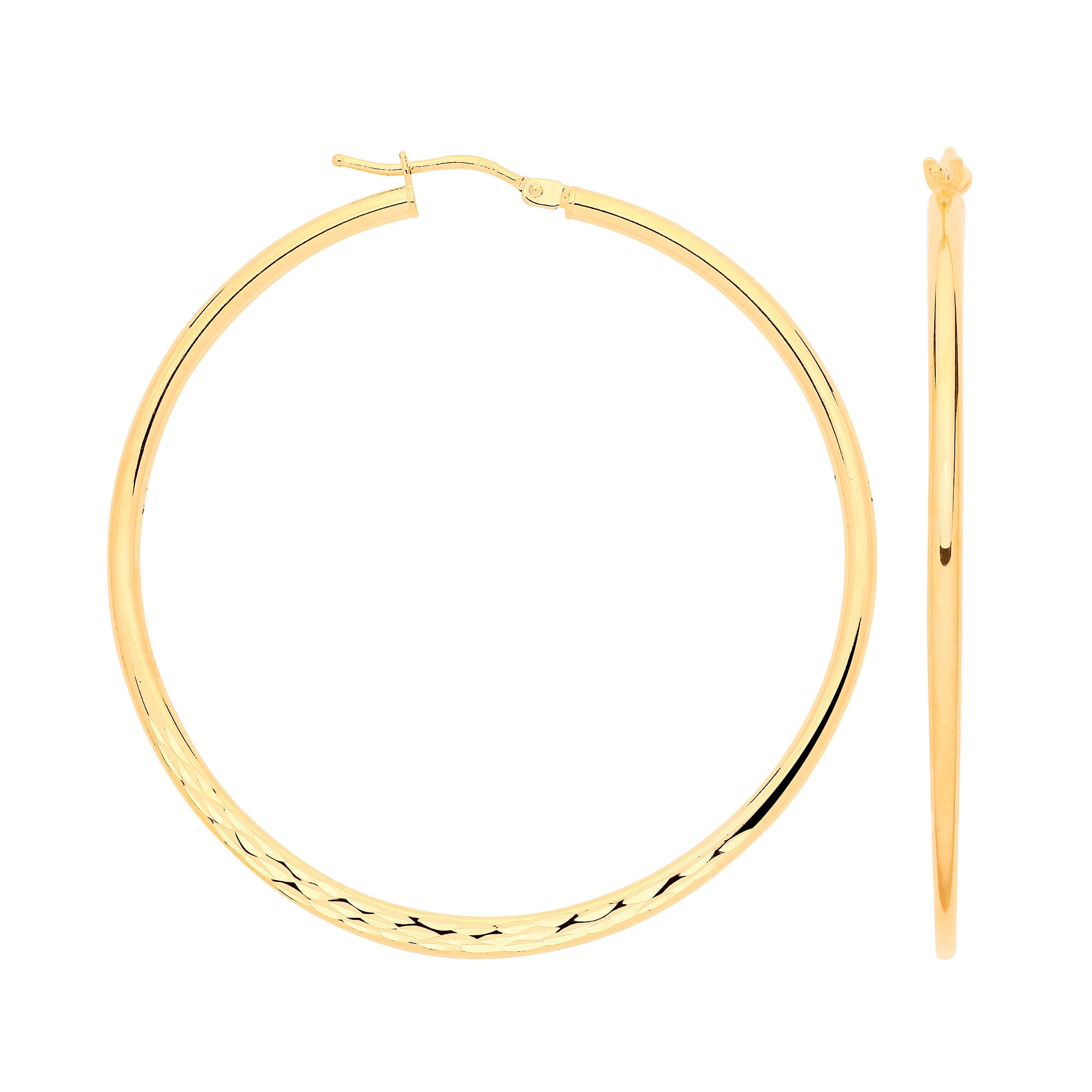 Yellow Gold Half Diamond Cut & Half Plain Hoop Earrings | 40mm