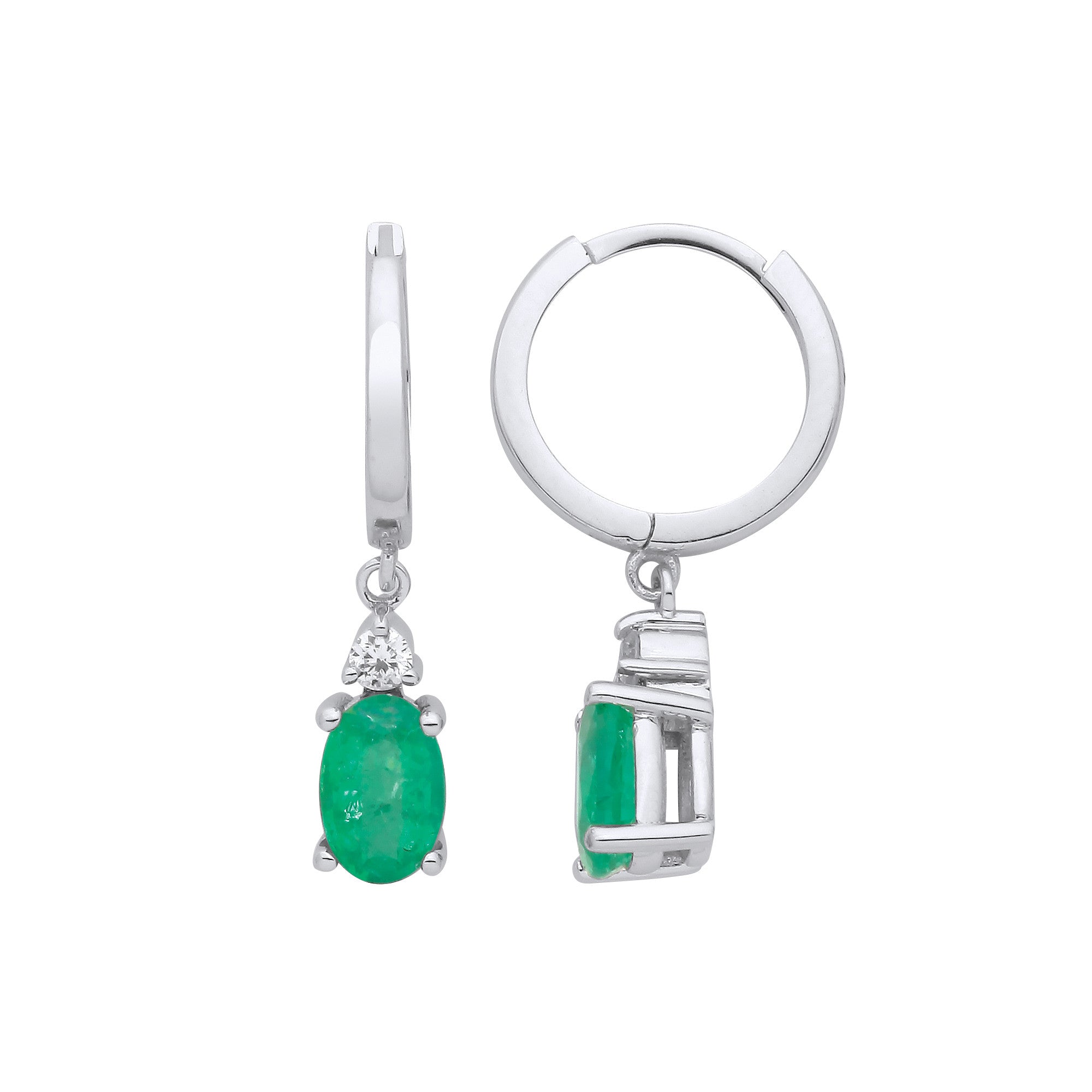 9ct White Gold Diamond & Emerald Earrings | 0.06ctw Diamond & 0.78ctw Emerald