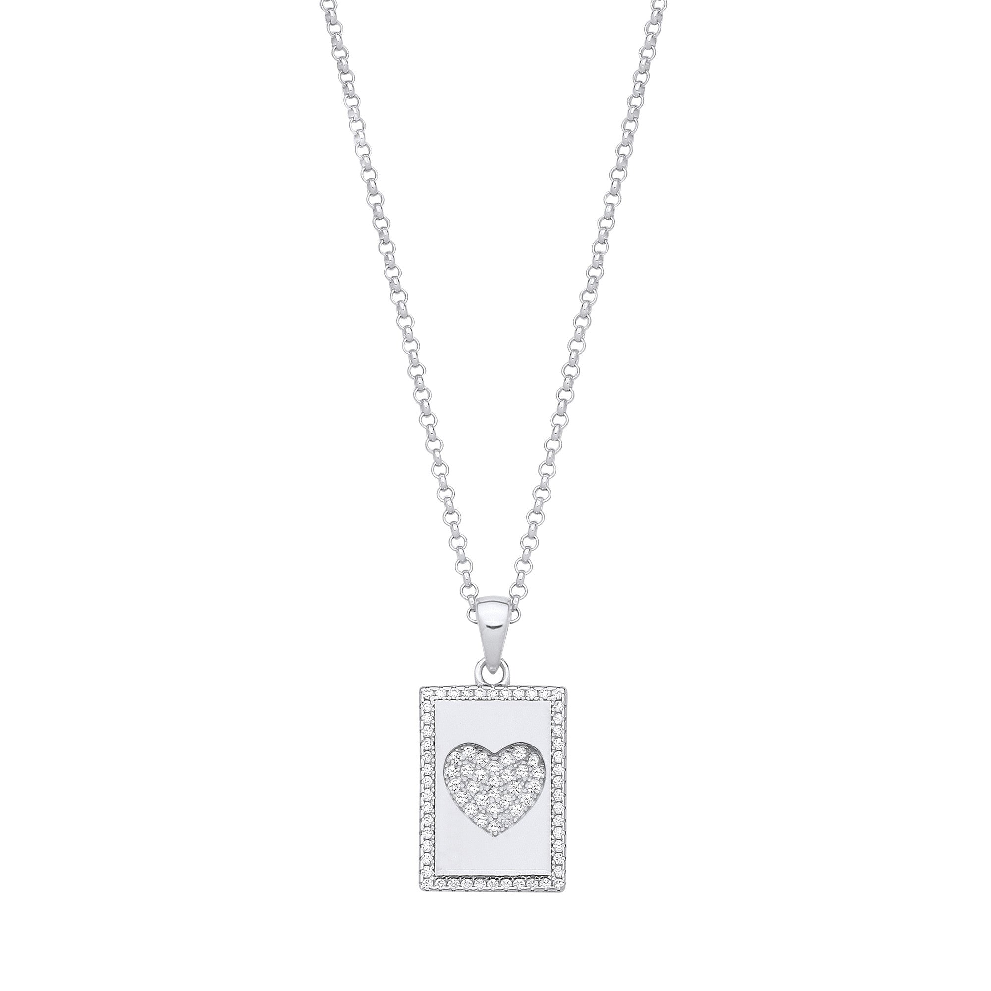 Sterling Silver CZ Heart Dog Tag Pendant & Chain | 16"
