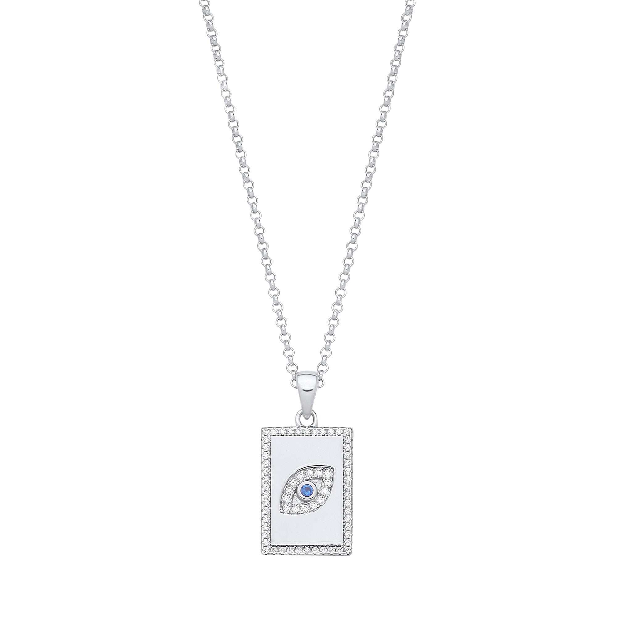 Sterling Silver CZ Evil Eye Dog Tag Pendant & Chain