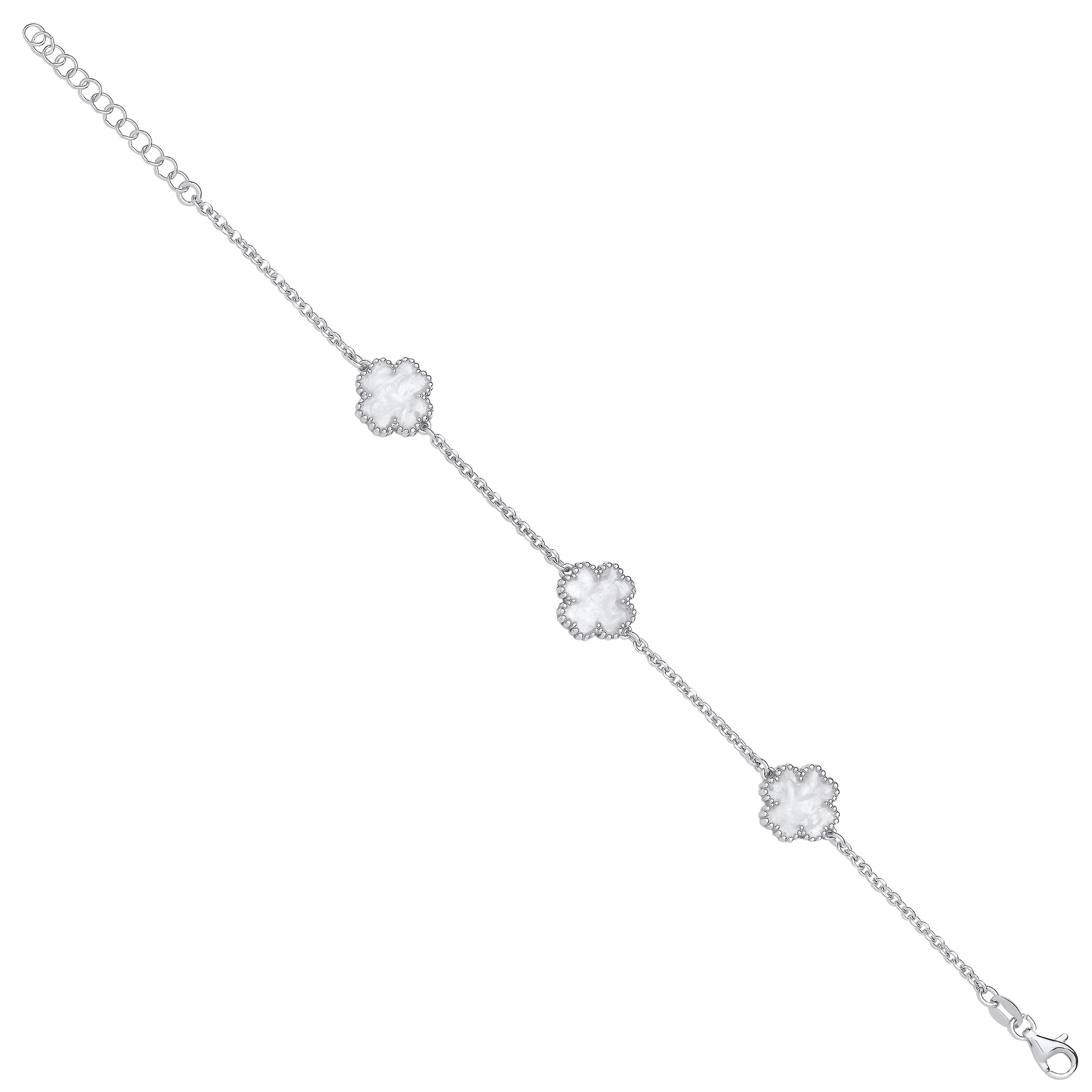 Silver White Enamel Four Leaf Clover Bracelet