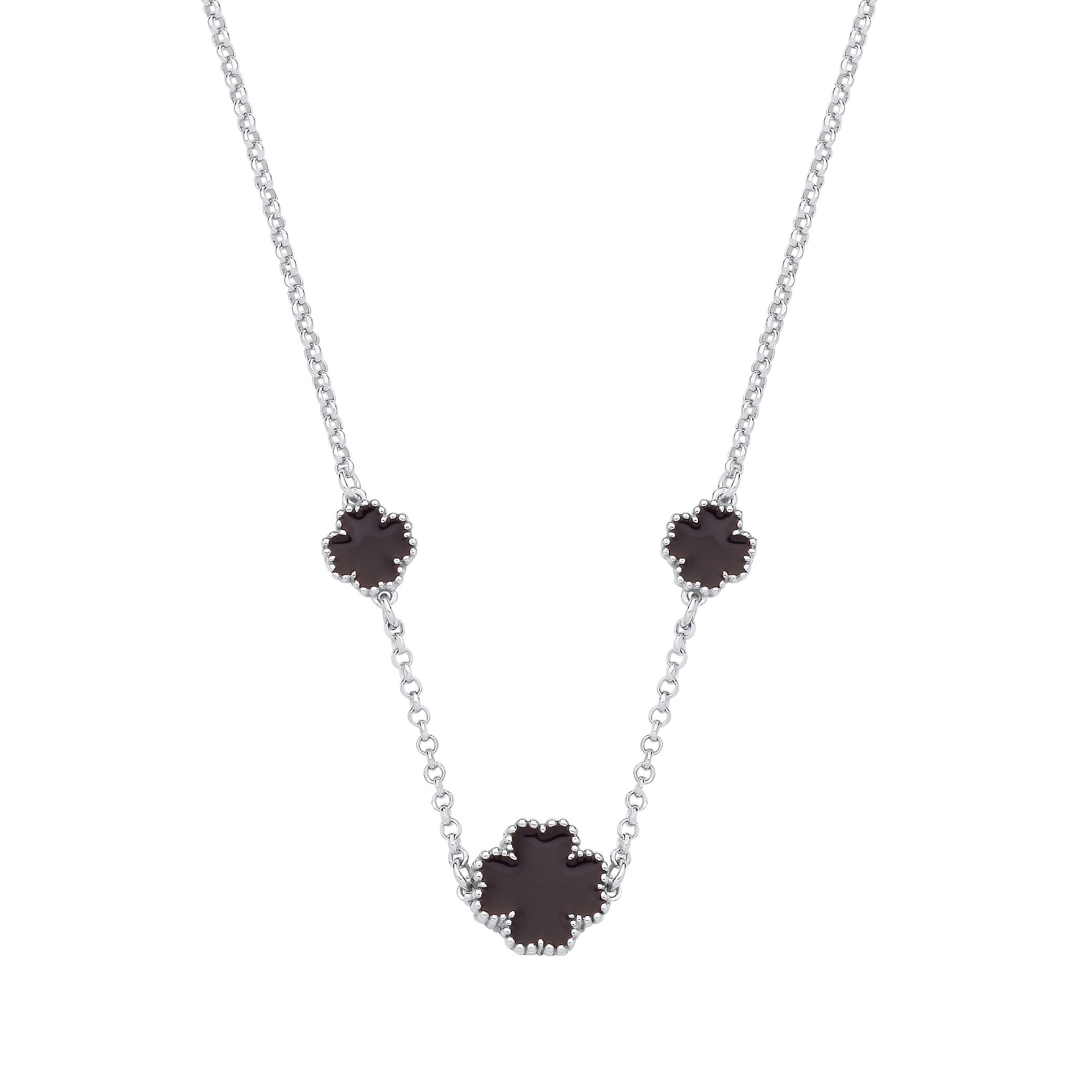 Sterling Silver Black Enamel Four Leaf Clover Necklace