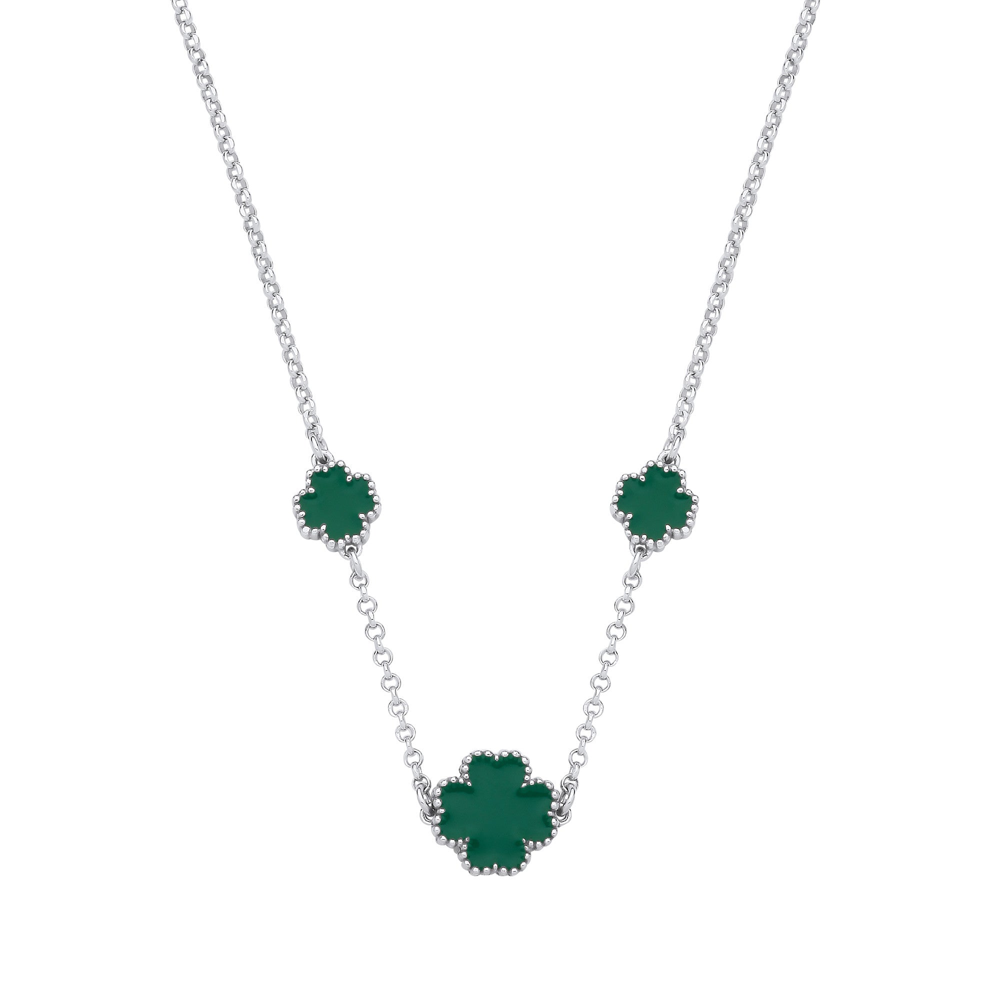 Sterling Silver Green Enamel Four Leaf Clover Necklace