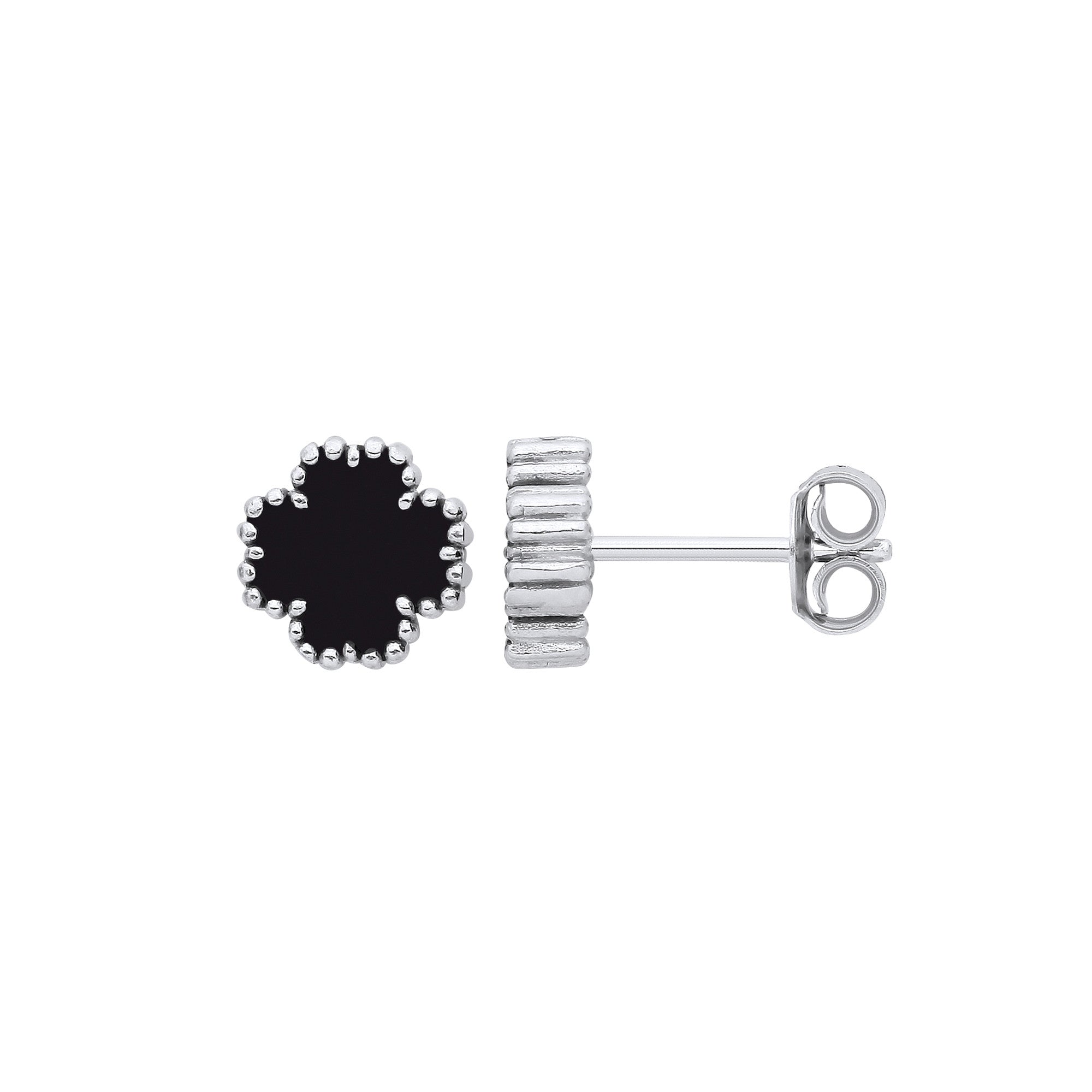 Sterling Silver Black Enamel Four Leaf Clover Stud Earrings