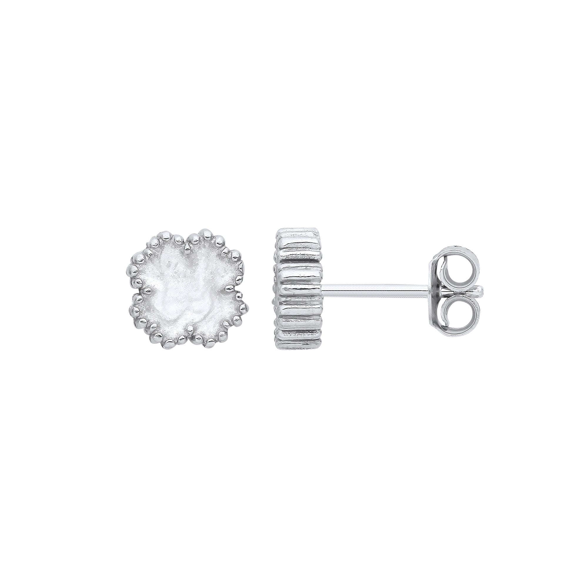 Sterling Silver White Enamel Four Leaf Clover Stud Earrings