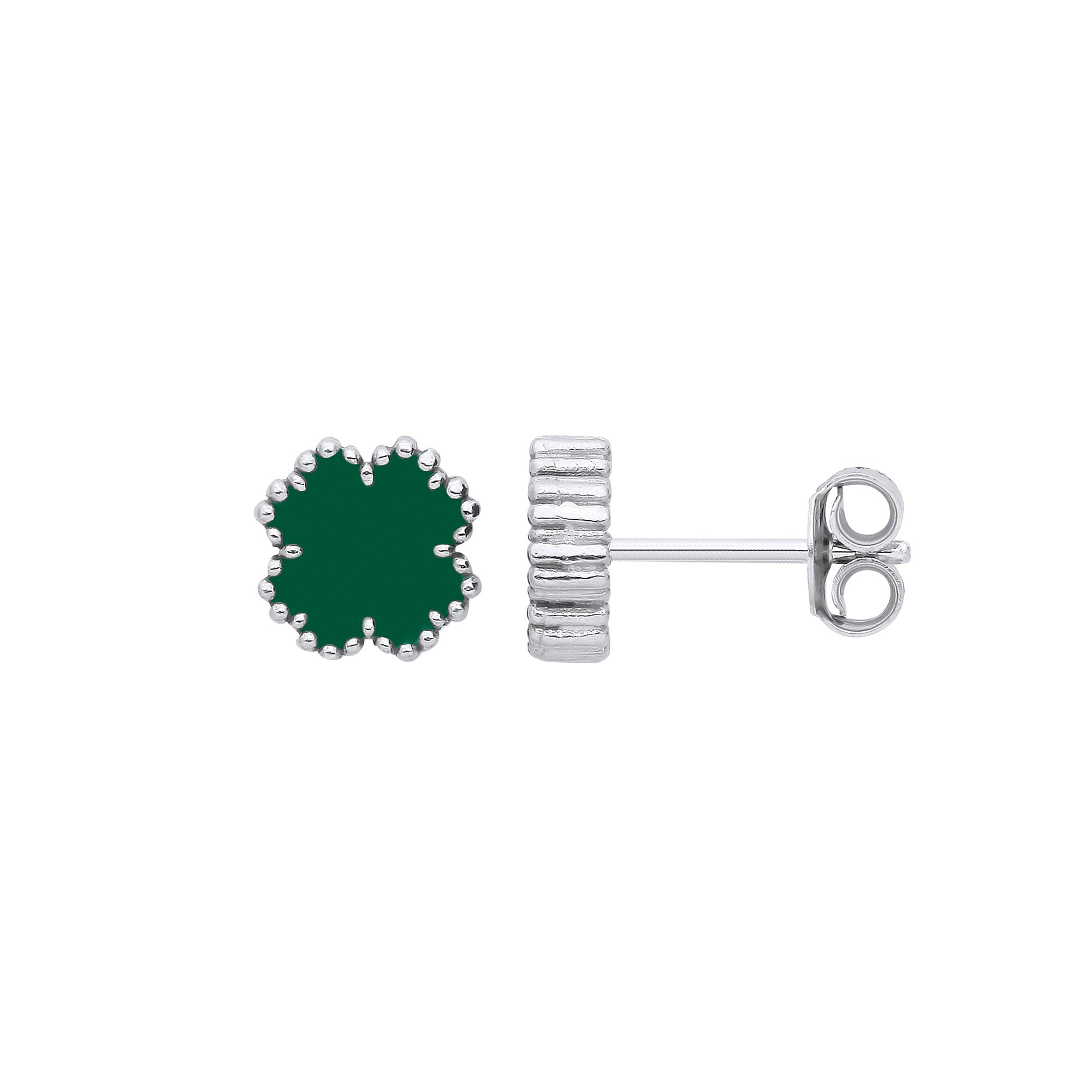 Sterling Silver Green Enamel Four Leaf Clover Stud Earrings