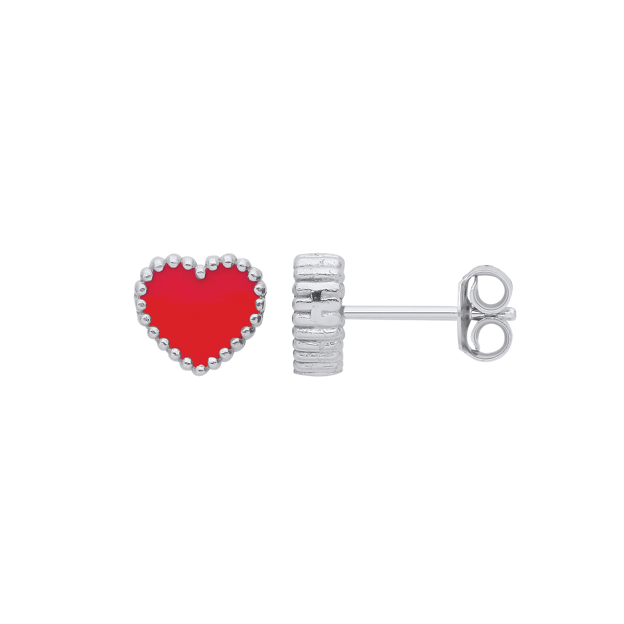 Sterling Silver Red Enamel Heart Stud Earrings