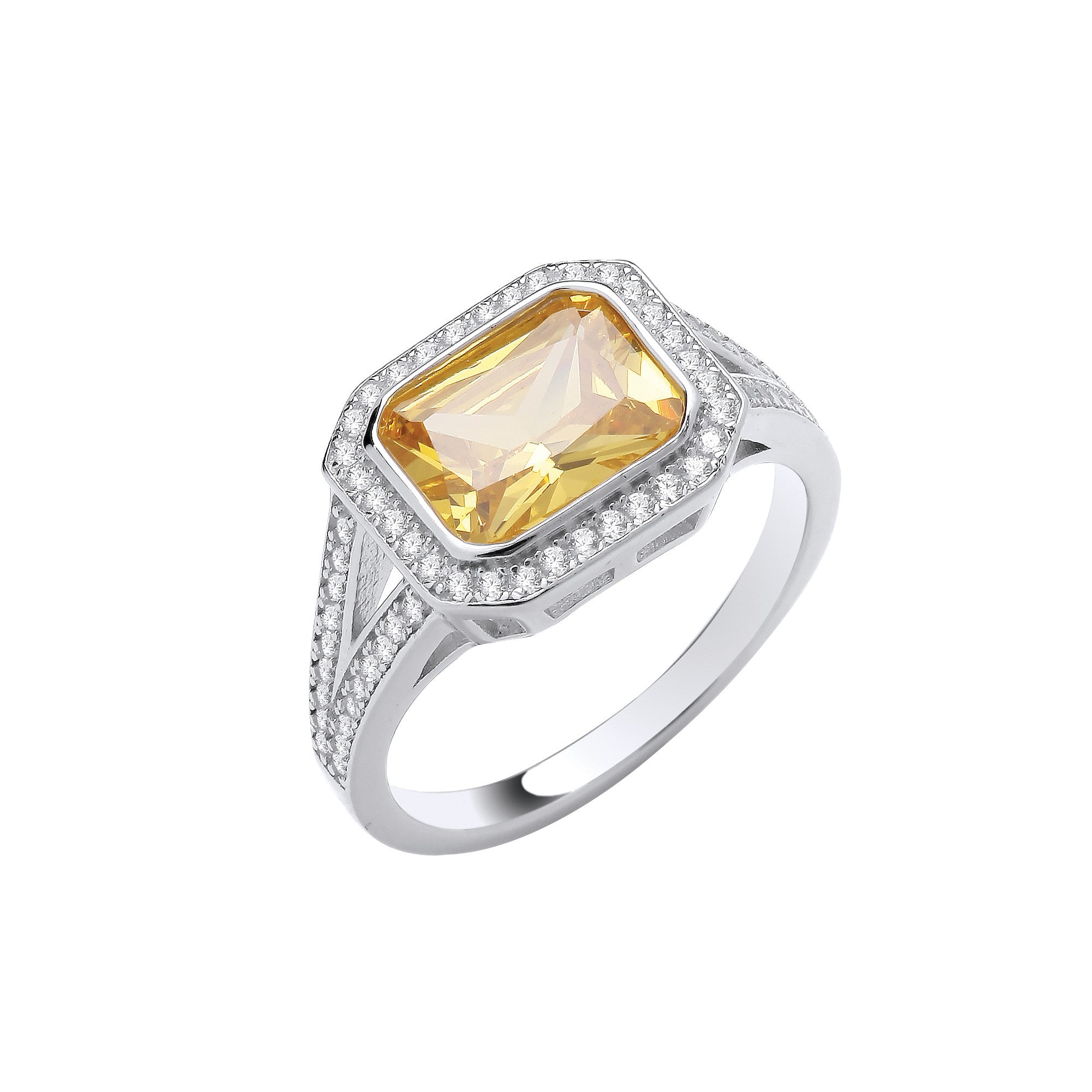 Sterling Silver Rub-Over Yellow CZ Split Shank Ring