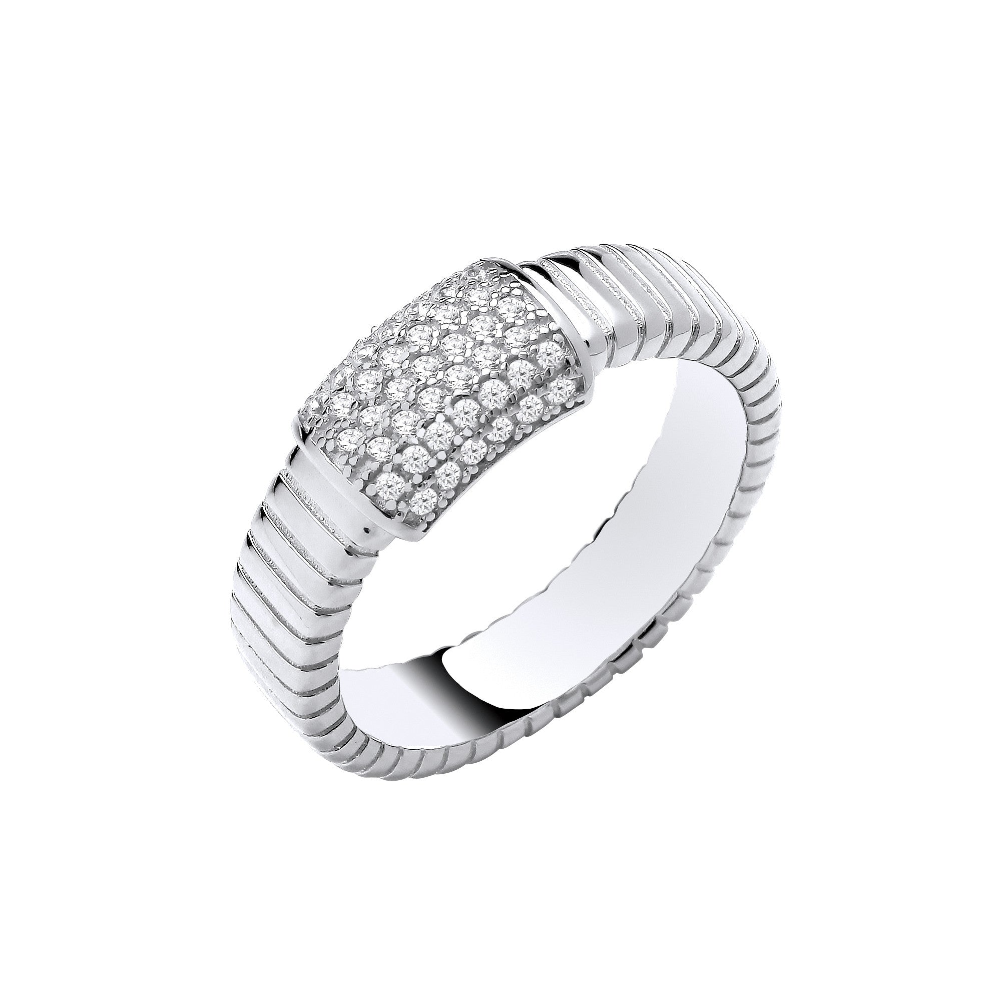 Sterling Silver Ribbed Link & CZ ID Plate Ring