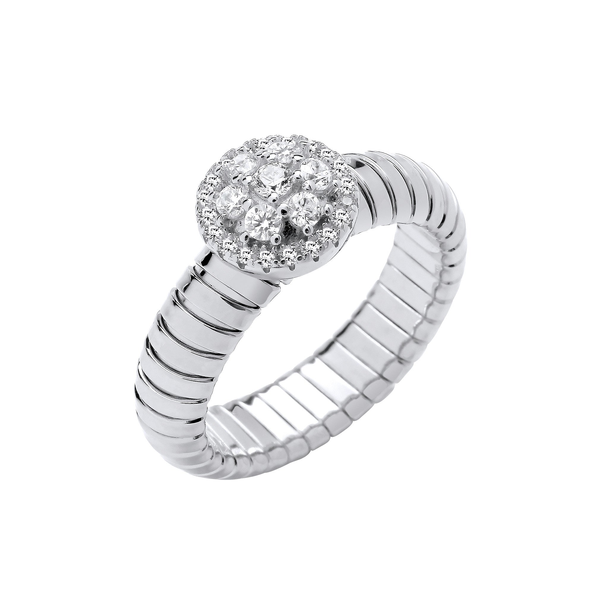 Sterling Silver Ribbed Link CZ Cluster Ring