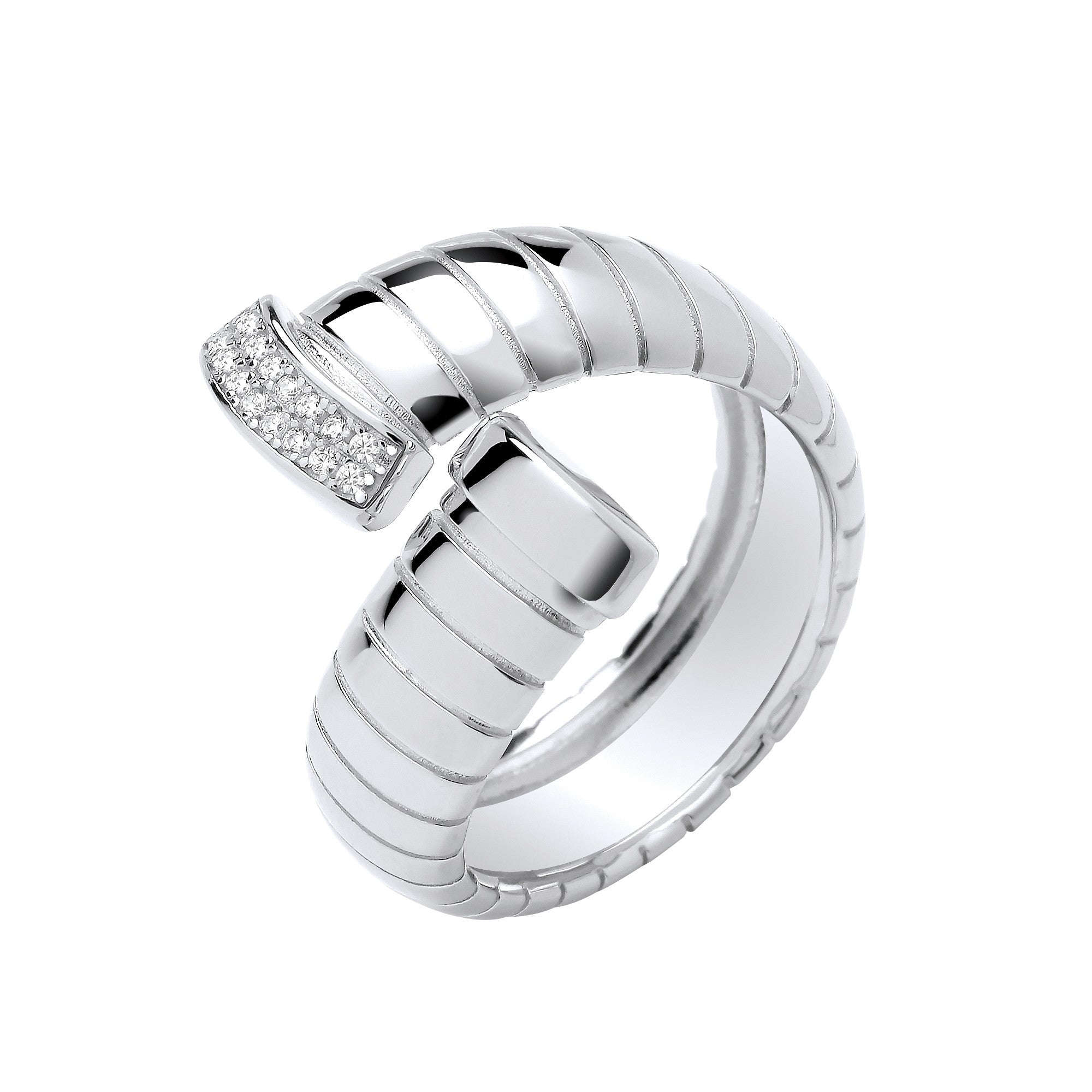 Sterling Silver Ribbed Cross-Over CZ Ring