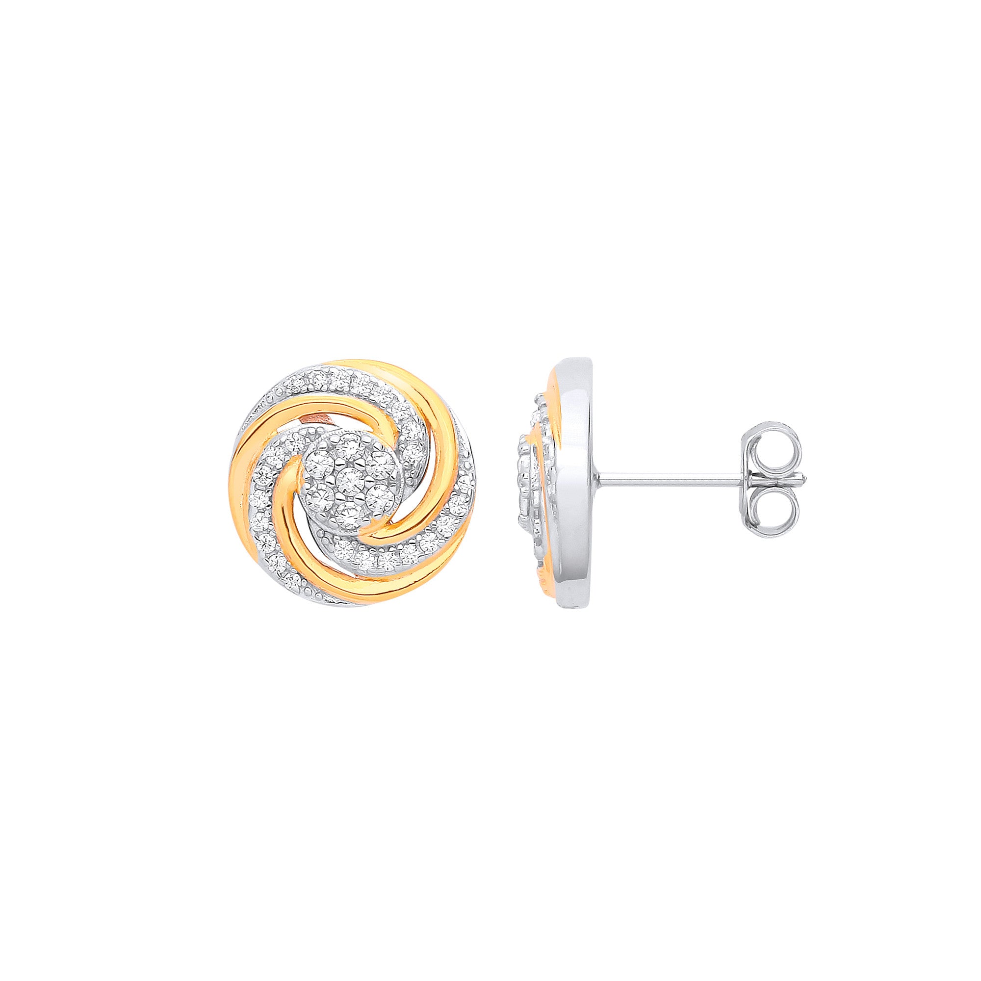 Sterling Silver & Yellow Gold Plated CZ Swirl Stud Earrings