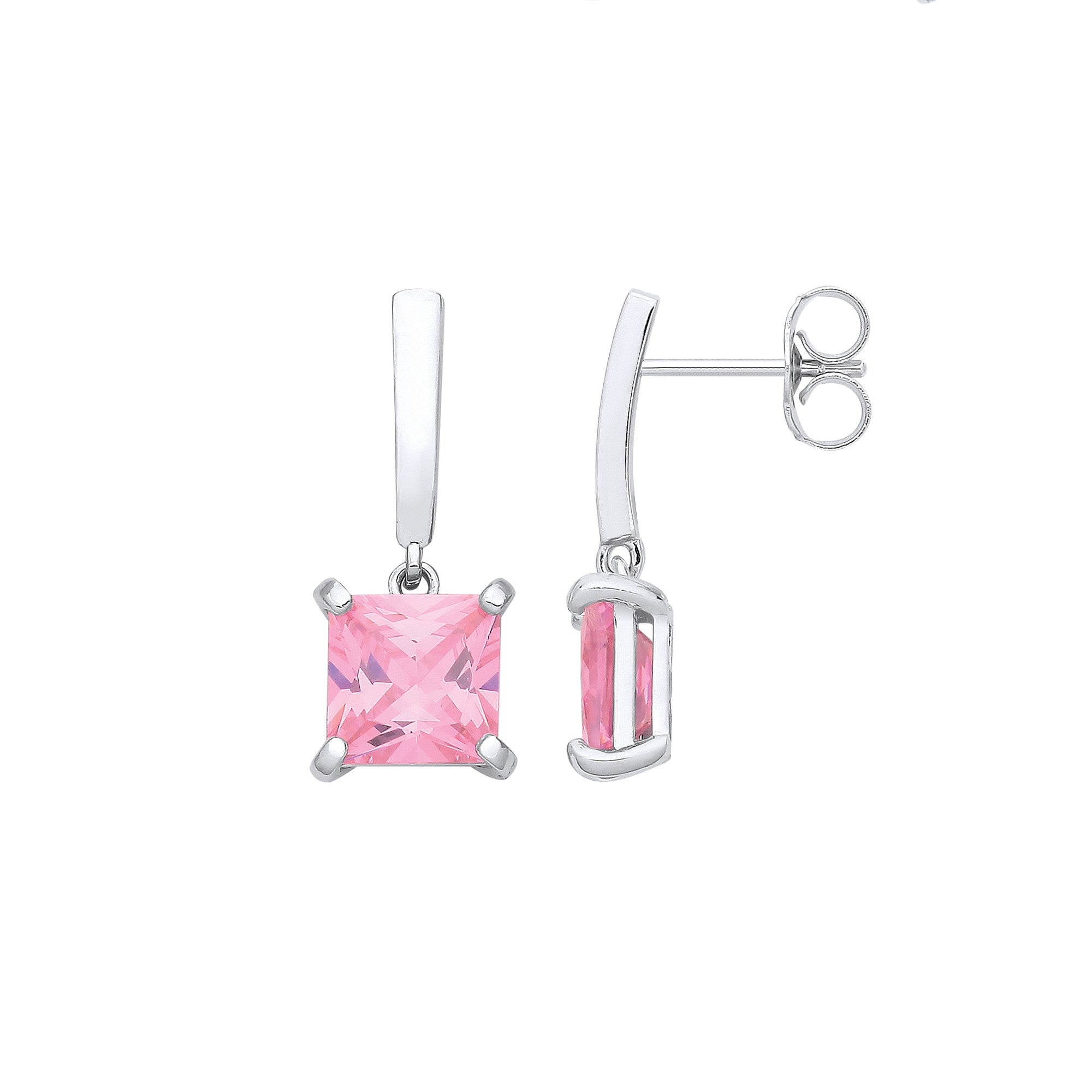 Sterling Silver Princess Cut Pink CZ Drop Earrings