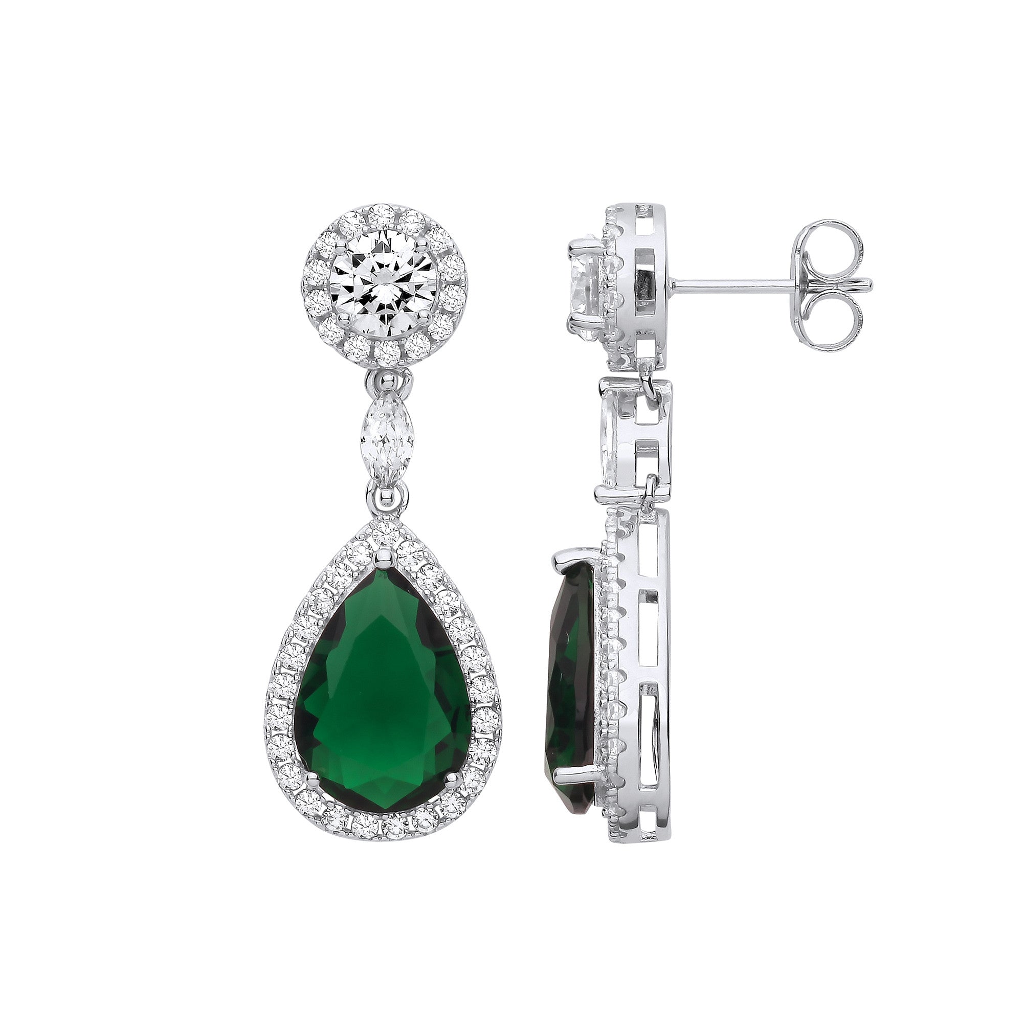 Sterling Silver Green CZ Pear Drop Earrings
