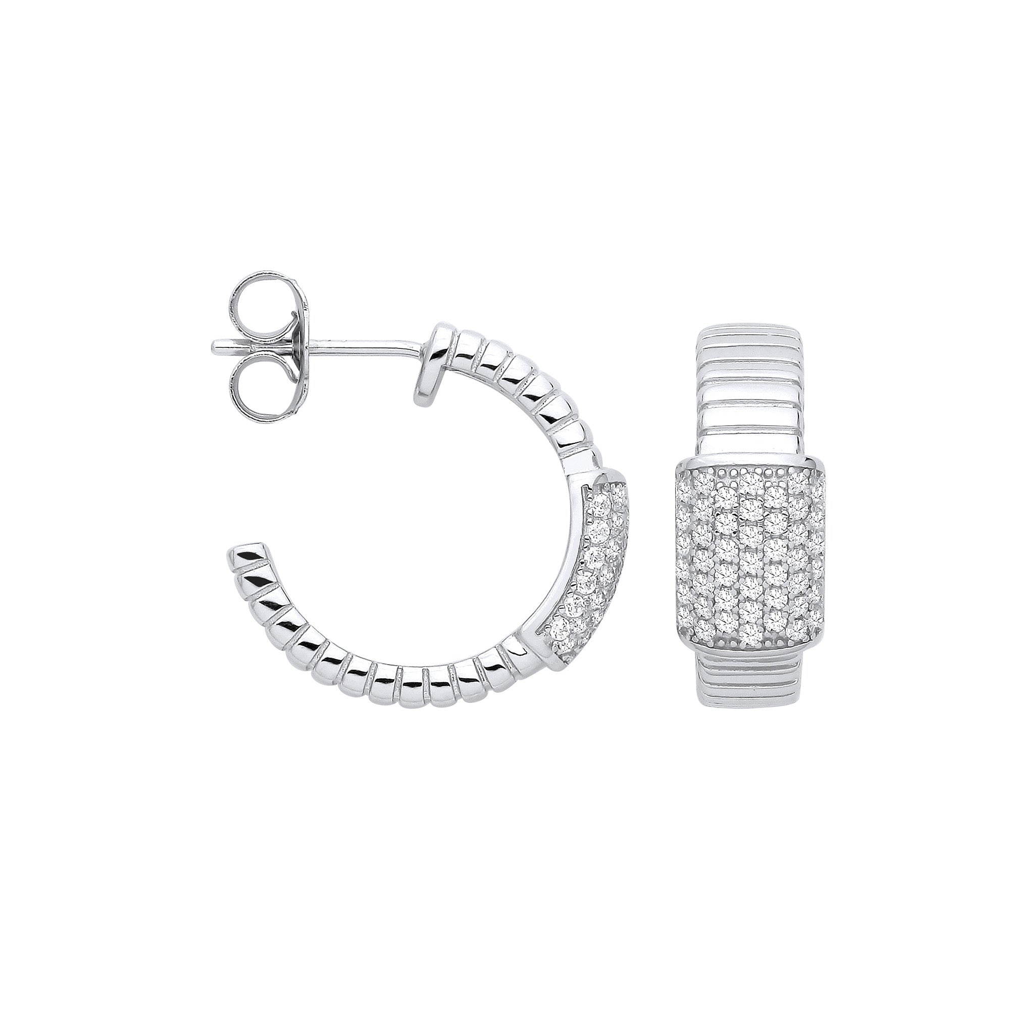 Sterling Silver Ribbed Link & CZ ID Plate Drop Earrings