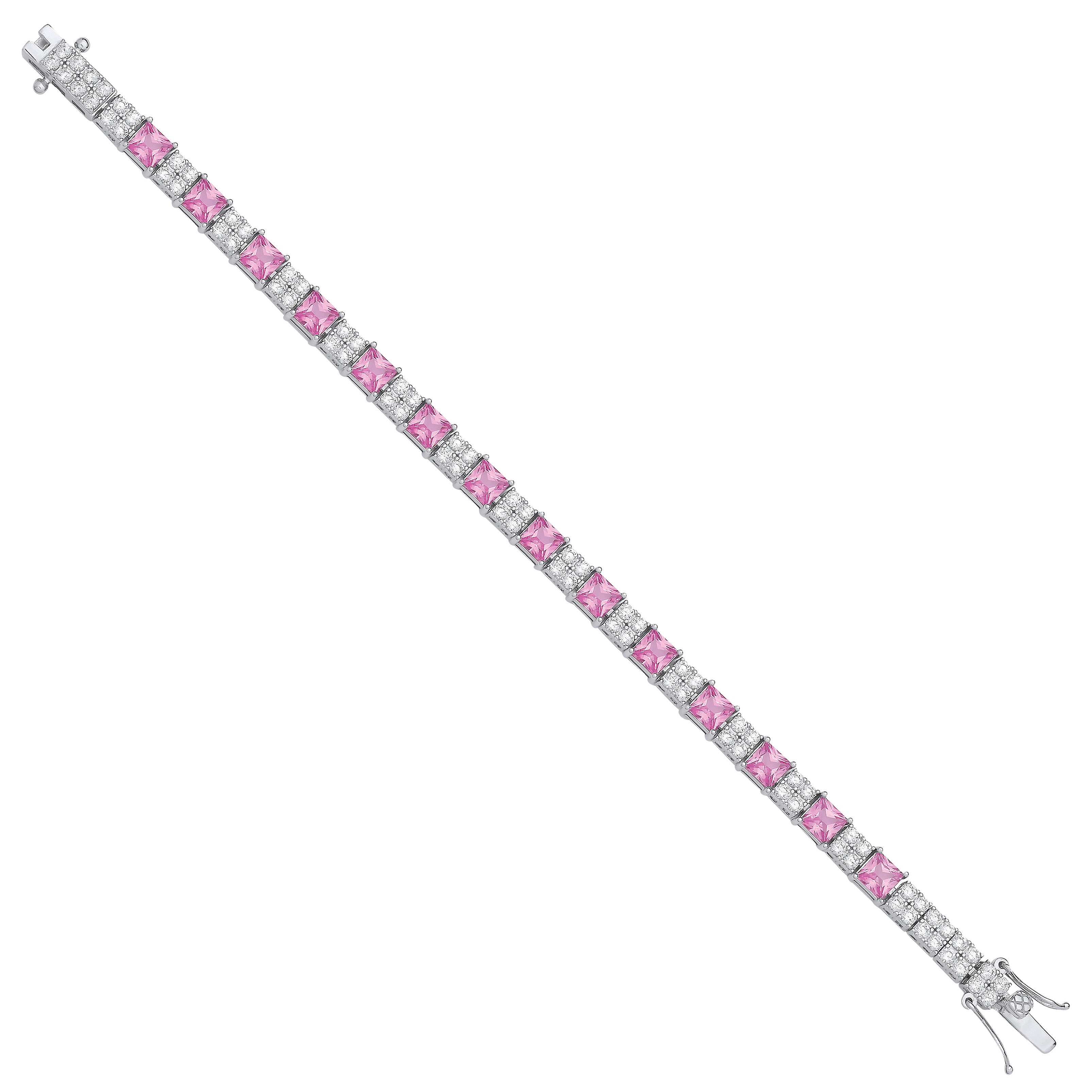 Silver Pink and Clear CZ Tennis Ladies 6.2mm Bracelet