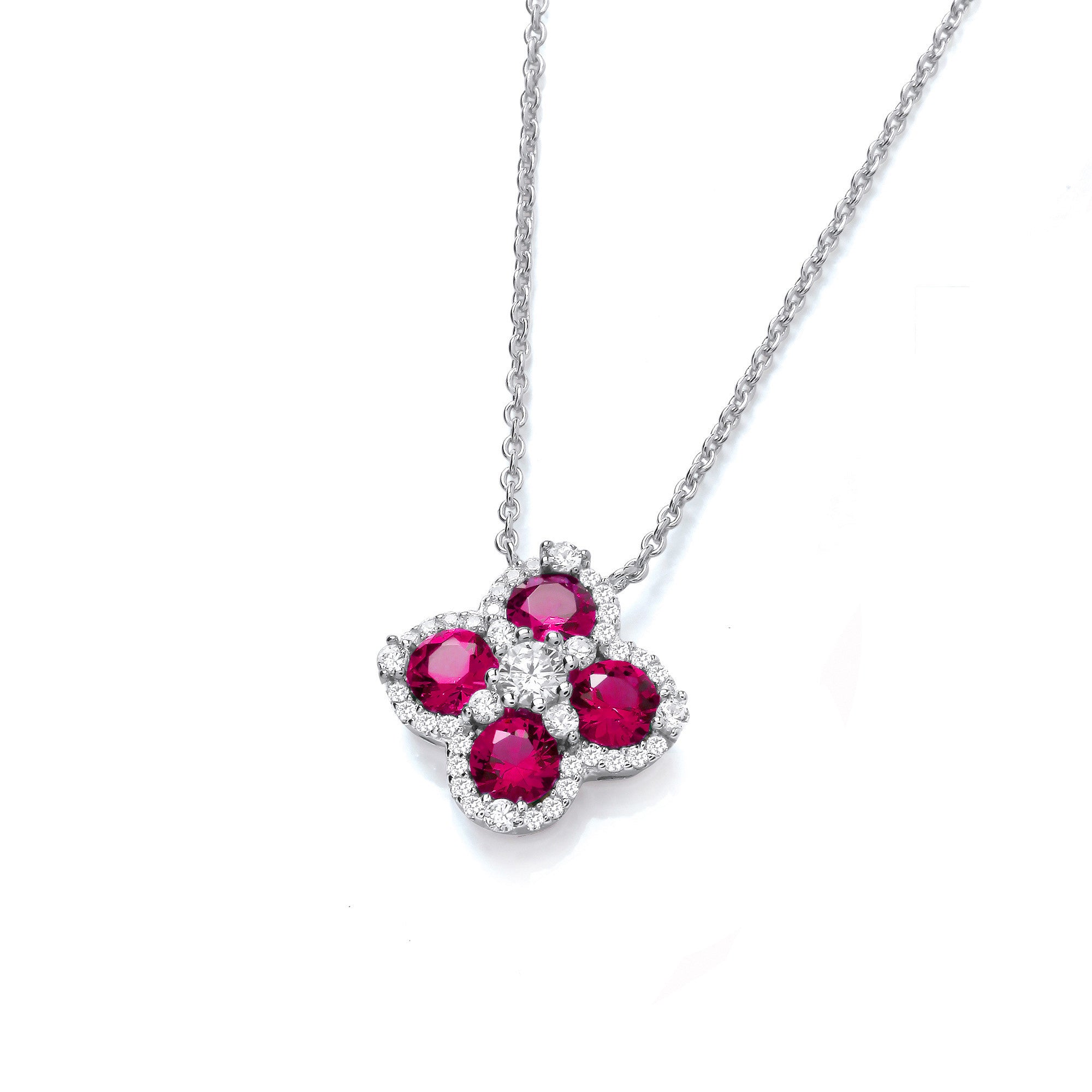 Red CZ Four Leaf Clover Silver Necklace