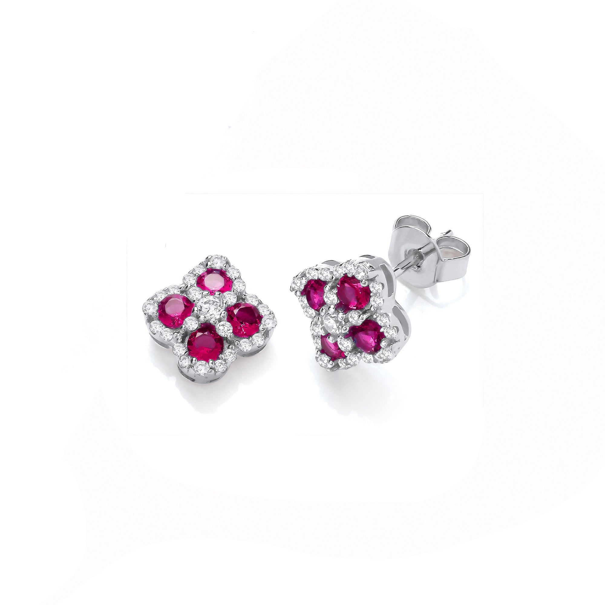 Red CZ Four Leaf Clover Stud Earrings