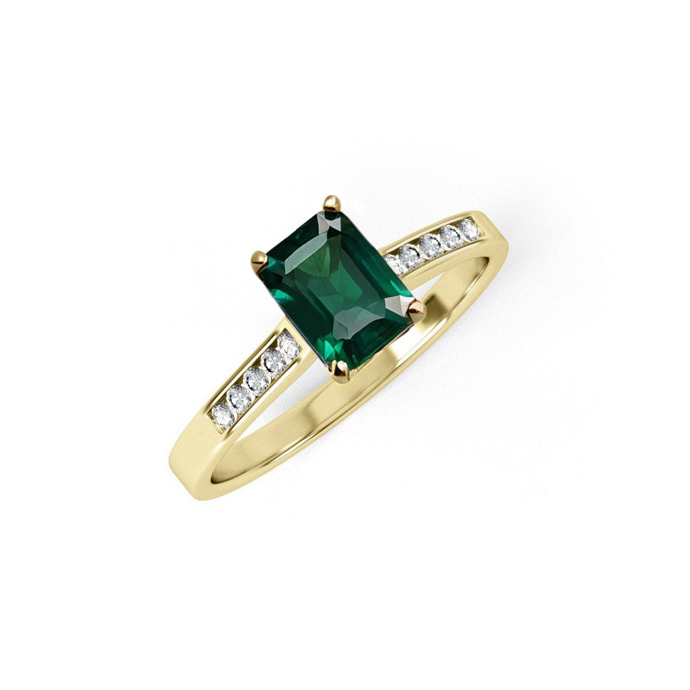 Yellow Gold Emerald Cut Green CZ Ladies Ring