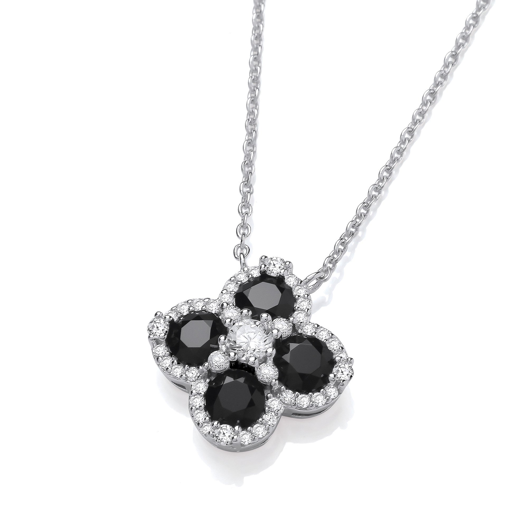 Black Four Leaf Clover CZ Silver Necklace