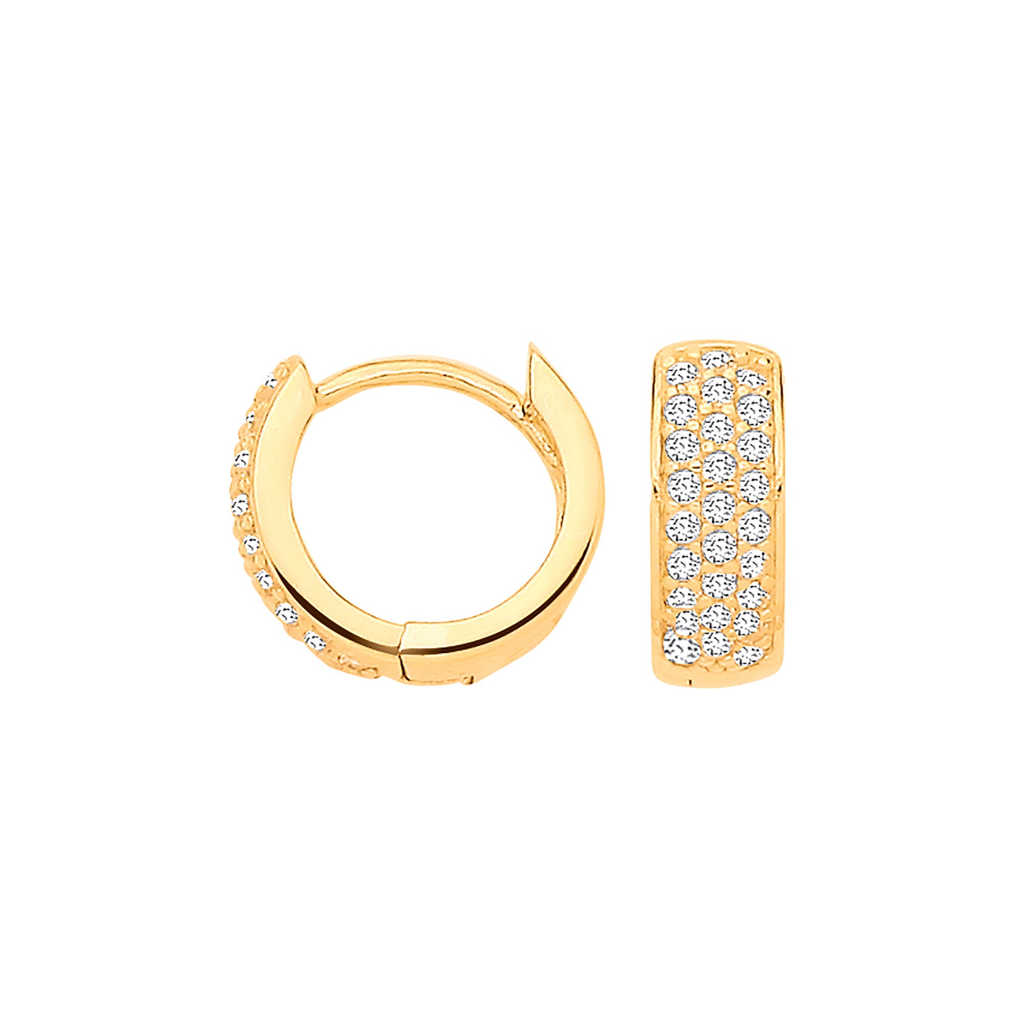 Yellow Gold Three Row CZ Small Huggie Earrings