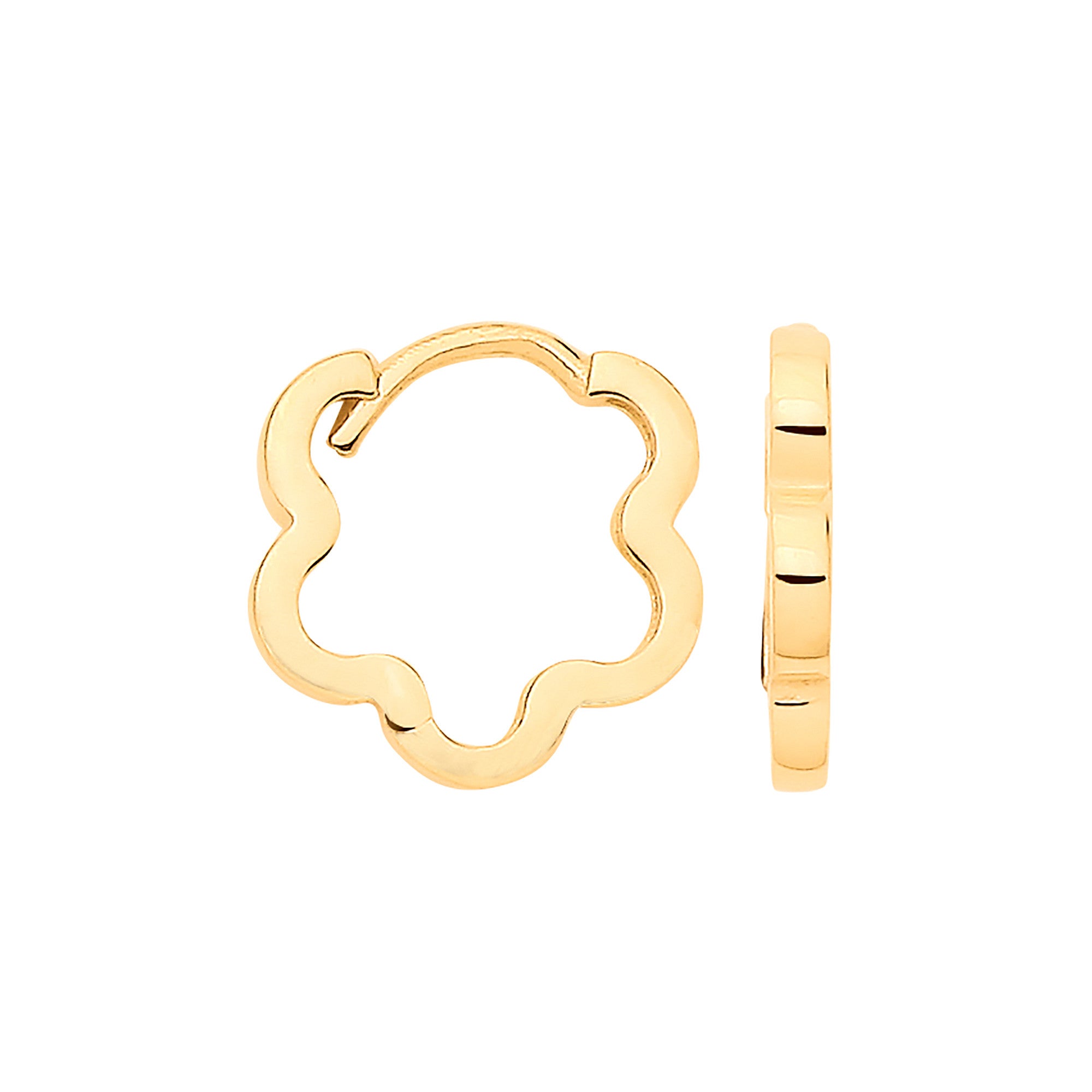 Yellow Gold Small Flower Shaped Plain Huggie Earrings