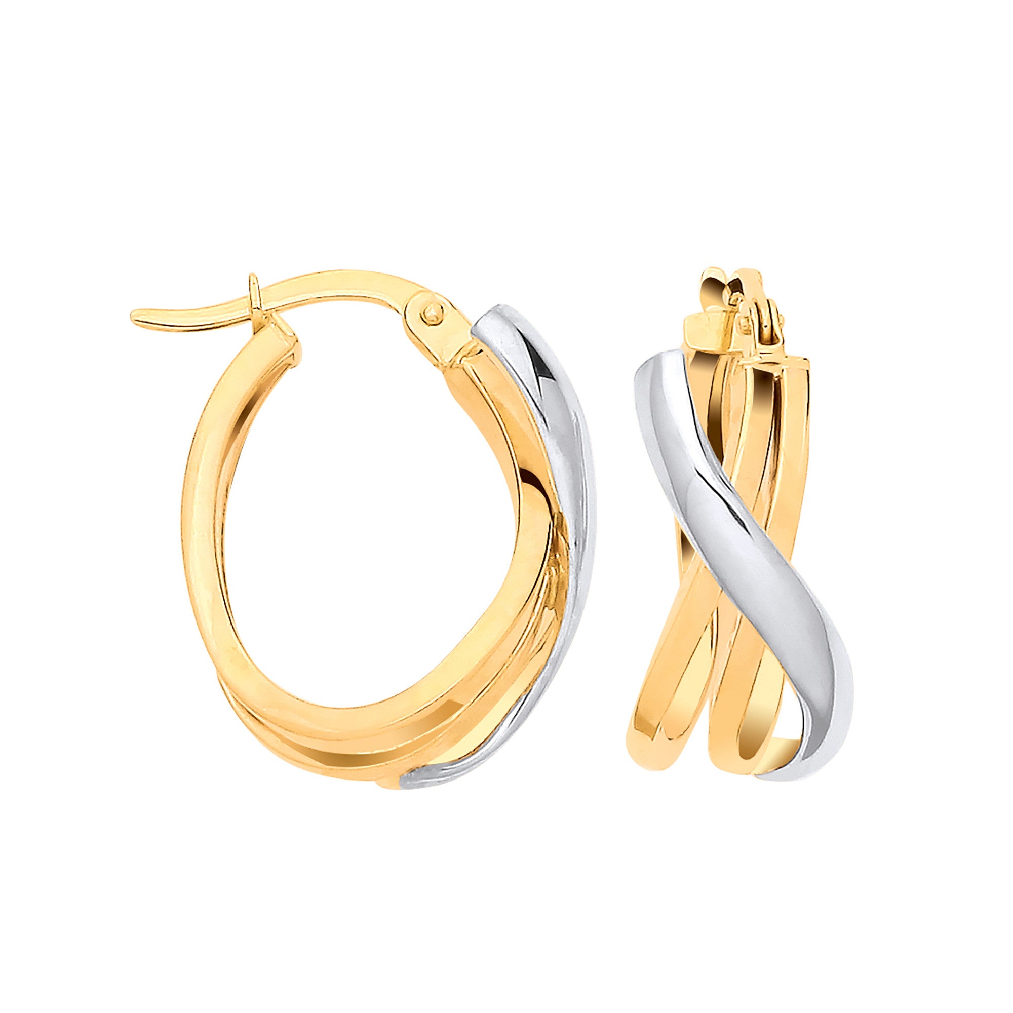 Yellow Gold Two Tone Double Tube Oval Hoop Earrings
