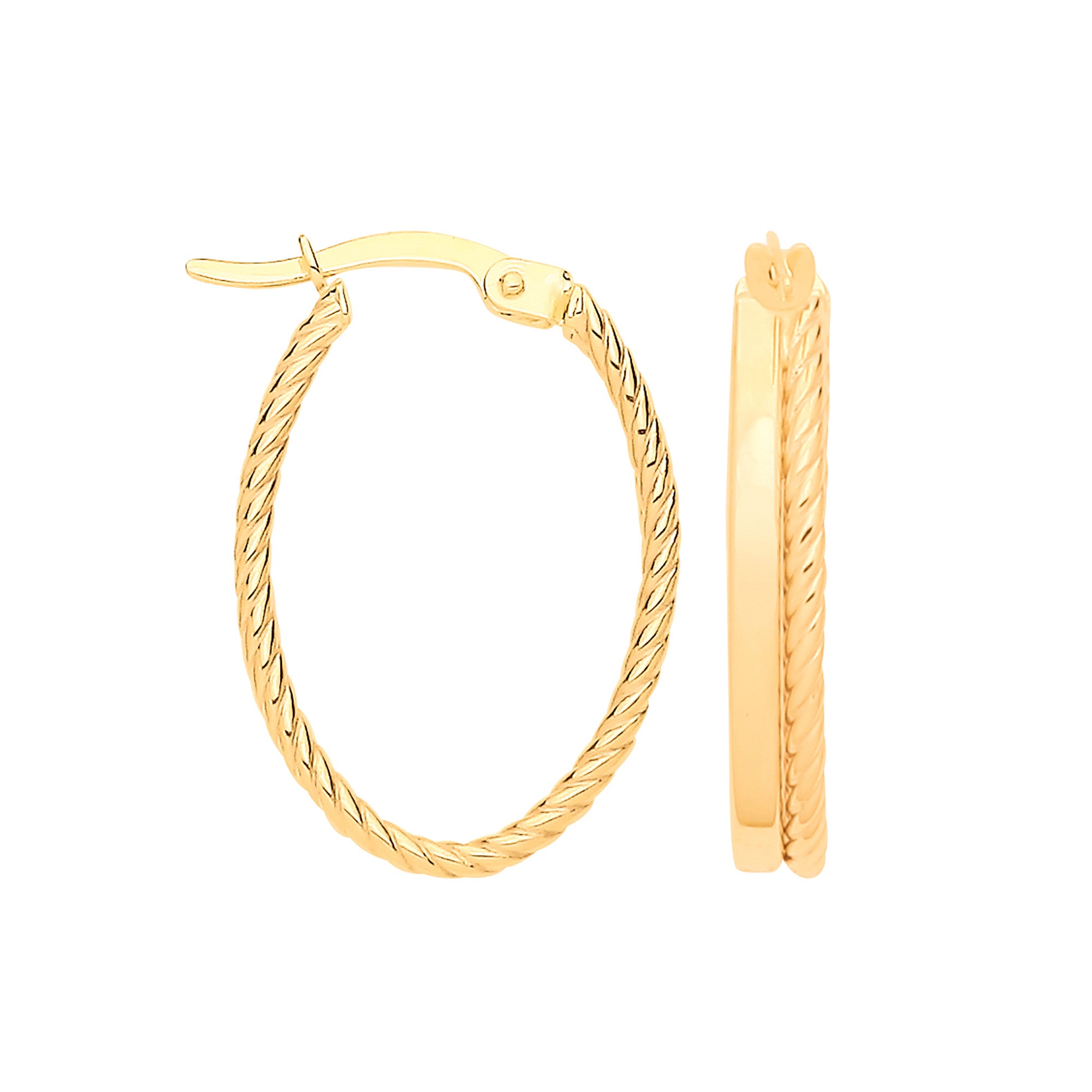 Yellow Gold Double Tube Plain & Twisted Oval Hoop Earrings
