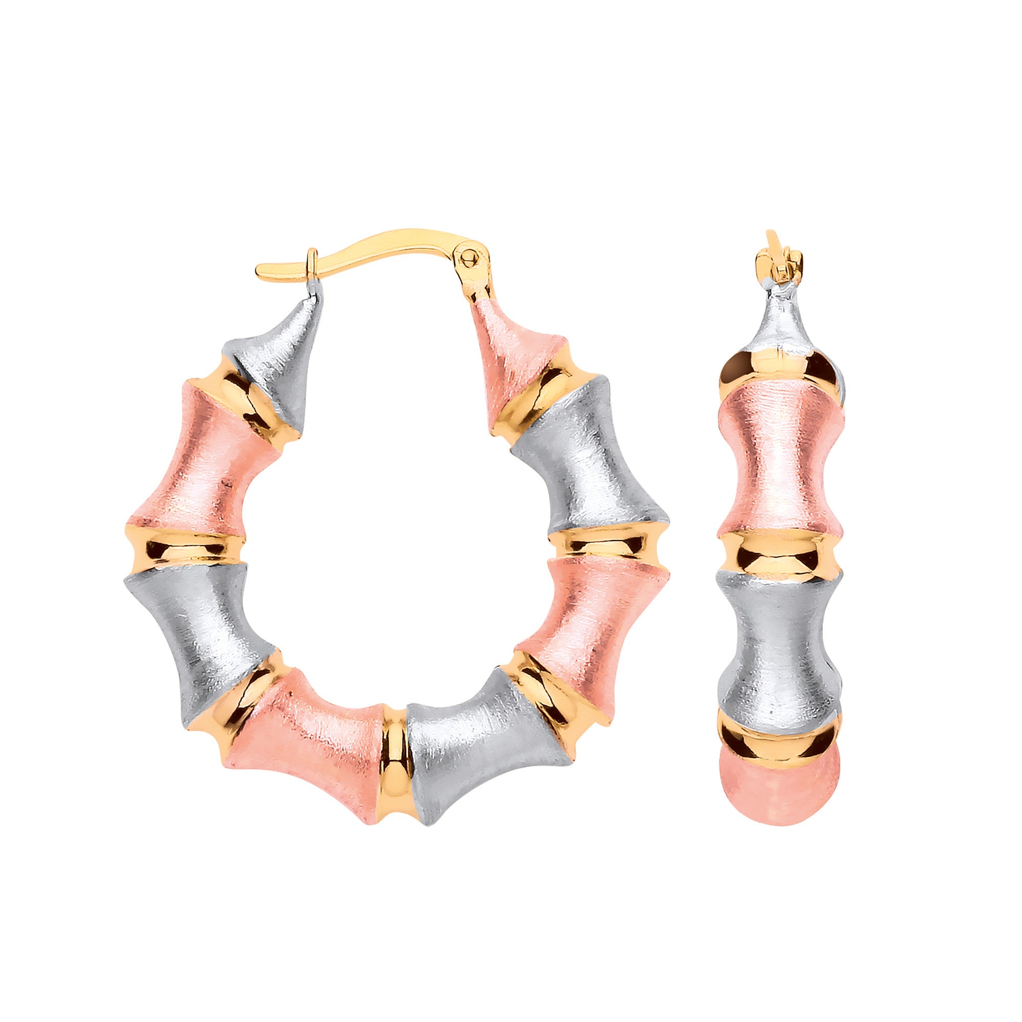 Yellow Gold Three Colour Bamboo Frosted Hoop Earrings