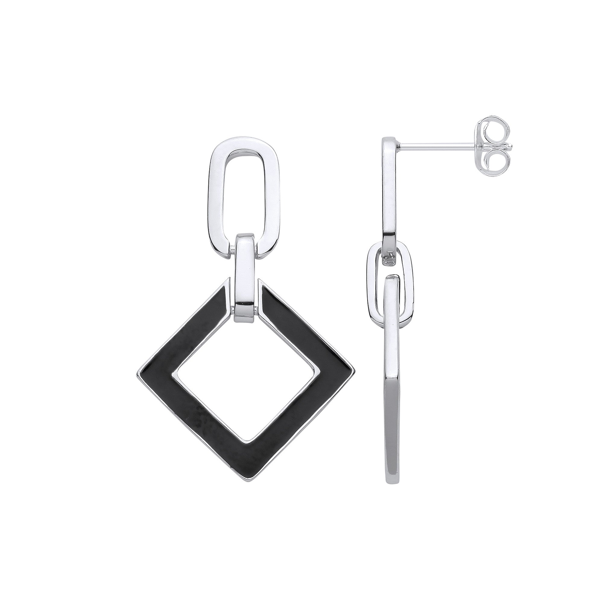 Silver Square Black Enamel Drop Earrings